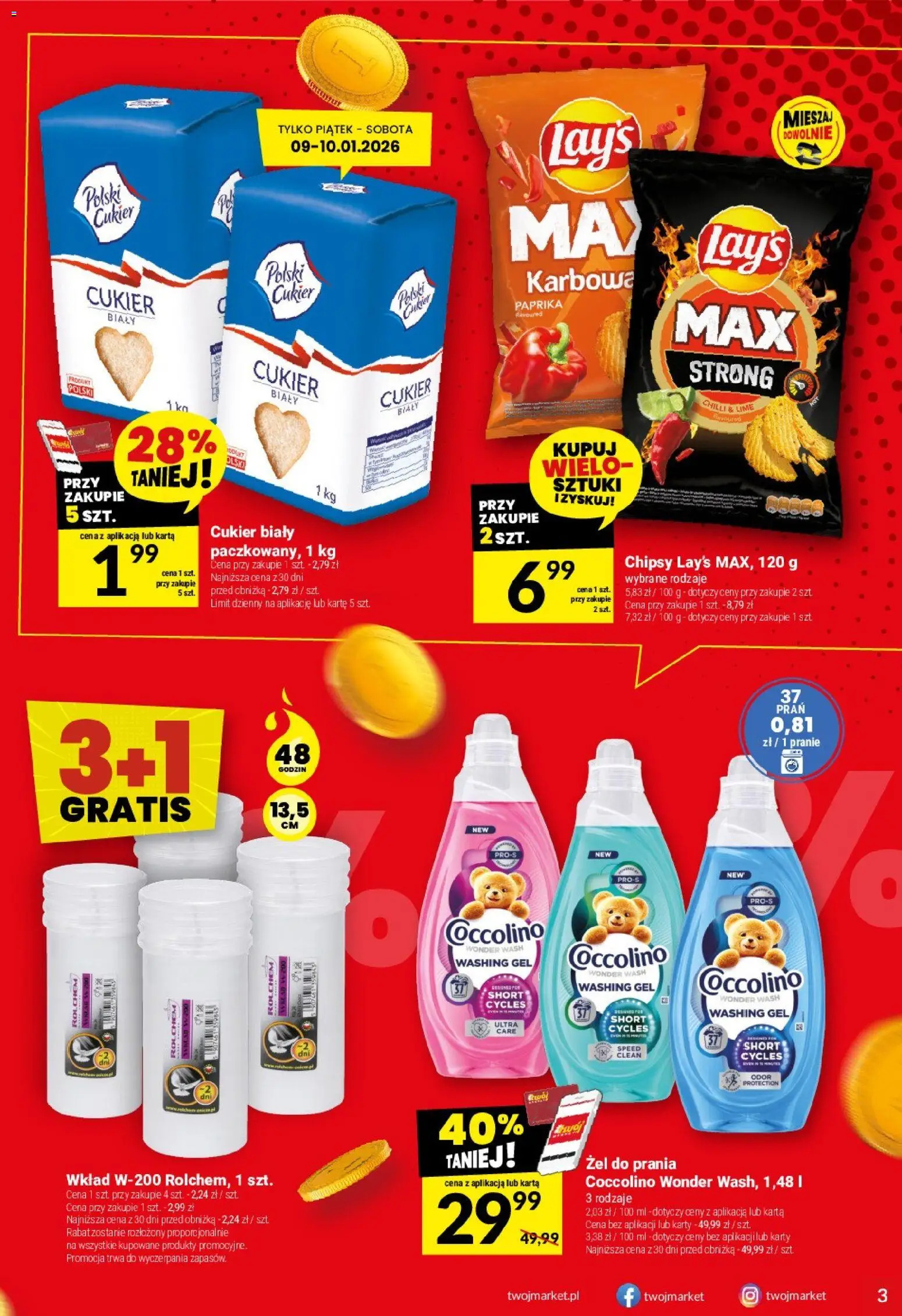 Twój Market Gazetka od 07.01.2026 | Strona: 3 | Produkty: Karta, Chipsy, Coccolino, Cukier biały