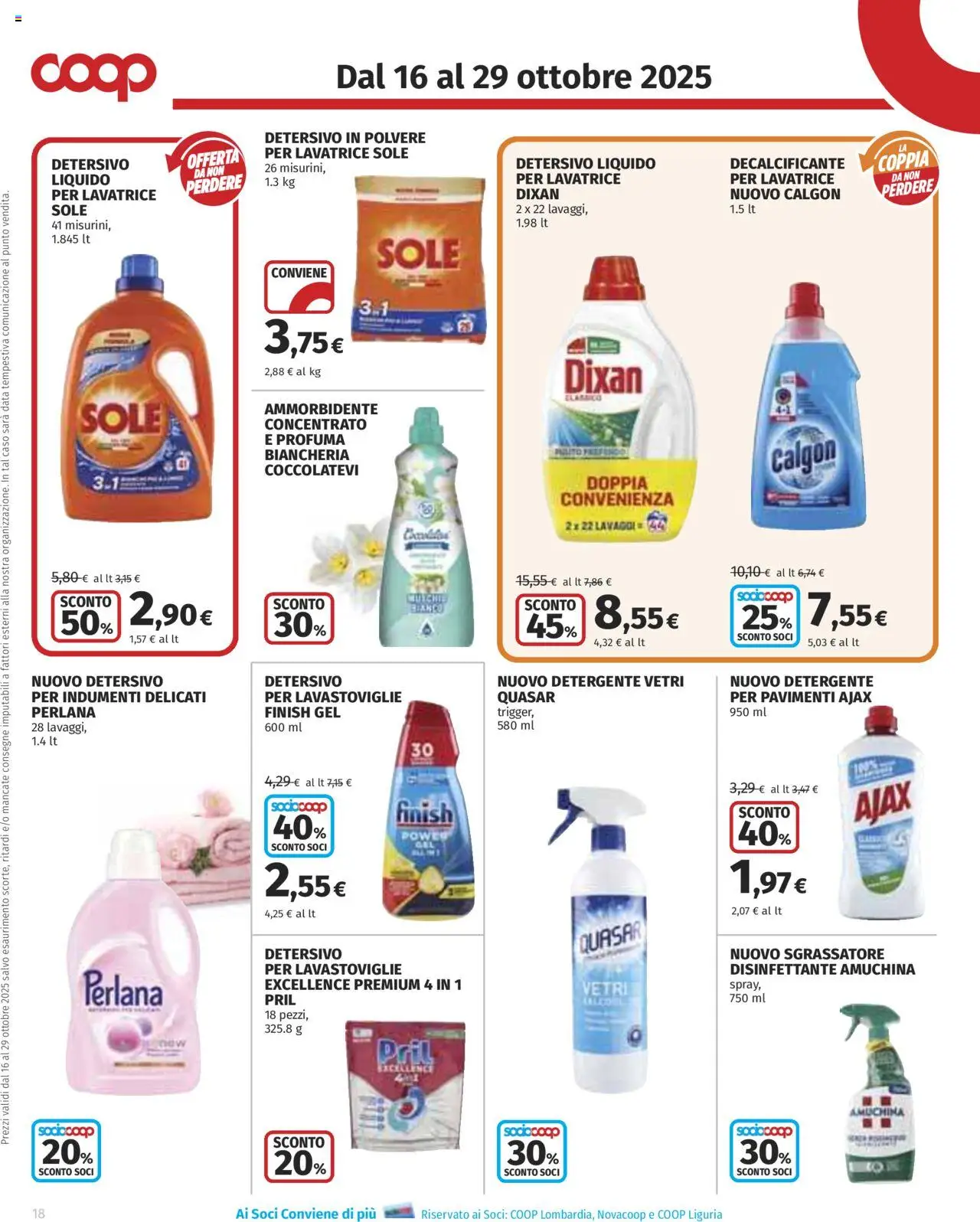 Volantino COOP del 16.10.2025 | Pagina: 18 | Prodotti: Detersivo in polvere, Sgrassatore, Lavastoviglie, Data