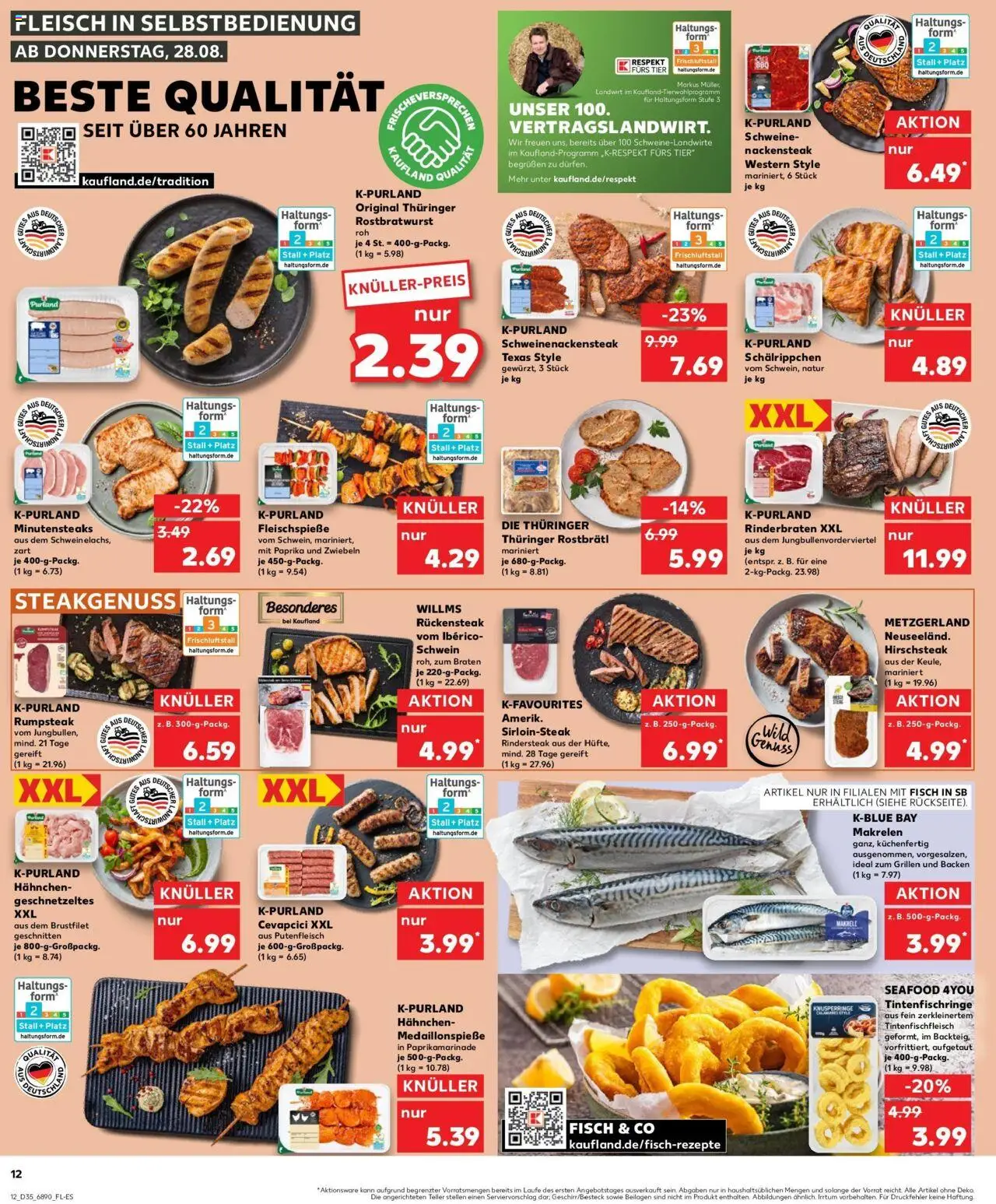 Kaufland prospekt Emsdetten	 – gültig ab 28.08.2025 | Seite: 12 | Produkte: Rinderbraten, Rumpsteak, Hahnchen, Cevapcici