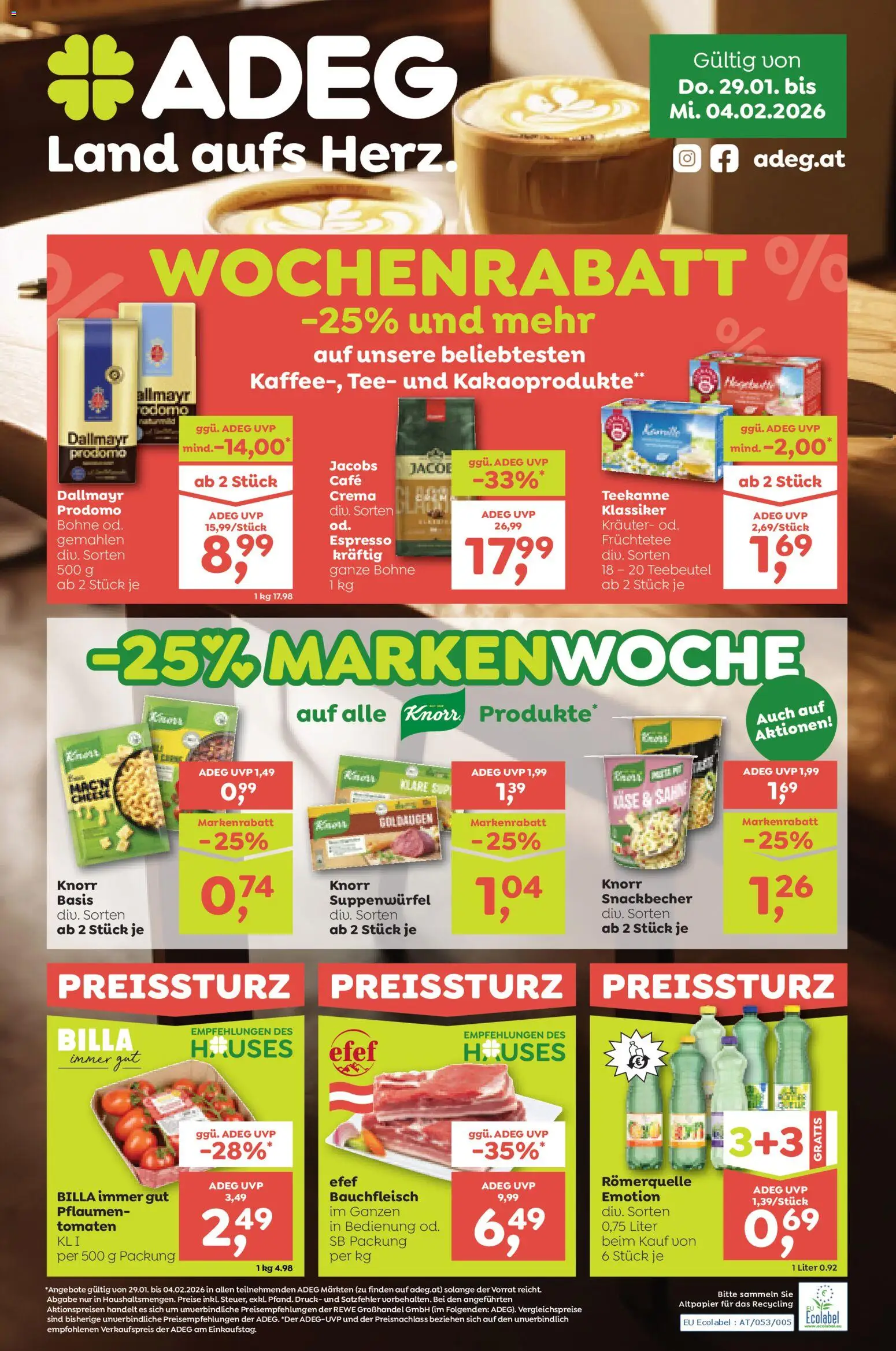 ADEG Flugblatt gültig ab 29.01.2026 | Seite: 1 | Produkte: Sahne, Käse, Tomaten, Tee