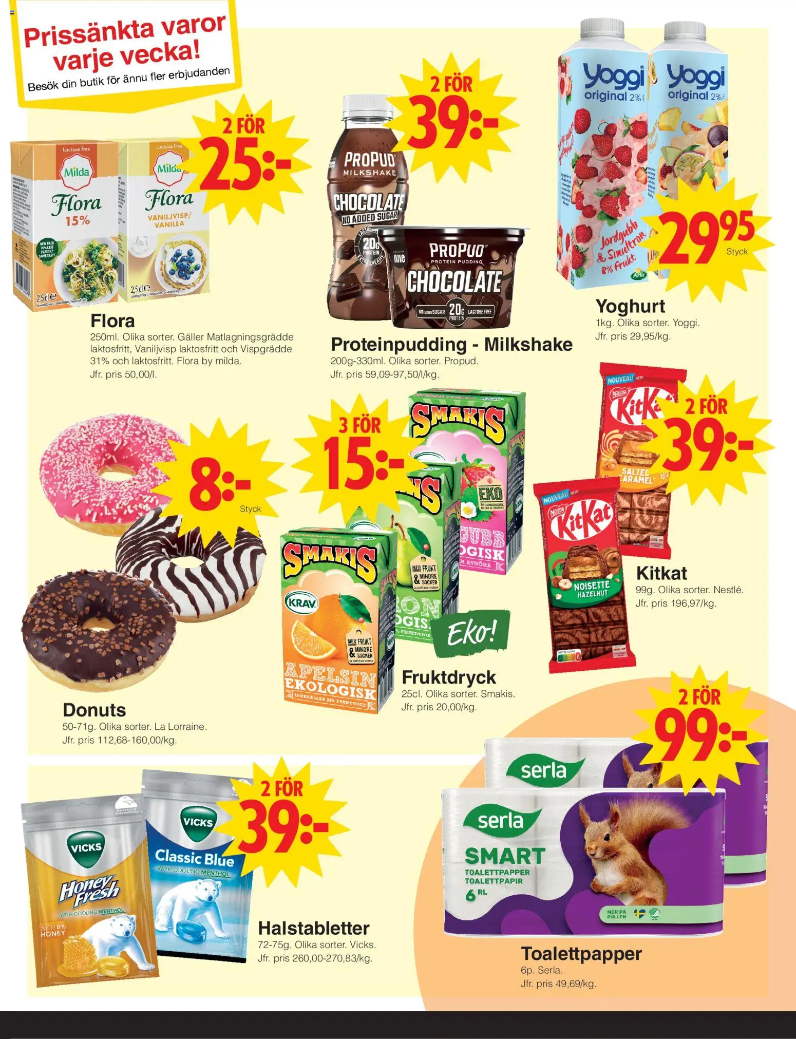 Matöppet reklamblad aktuell från 03.01.2026 | Sida: 3 | Produkter: Proteinpudding, Toalettpapper, Galler, Vispgrädde