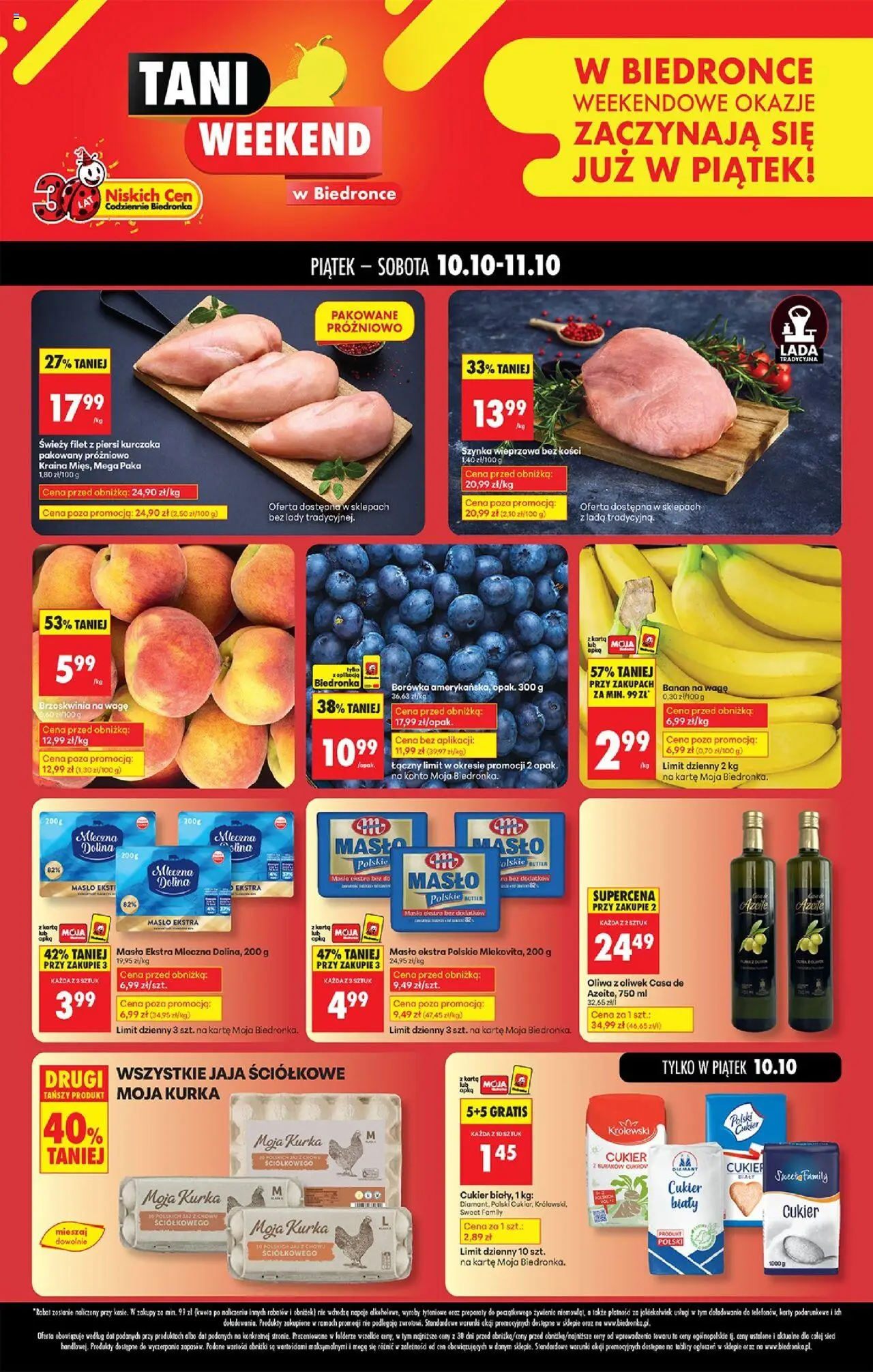 Biedronka gazetka - Tani weekend od 10.10.2025 | Strona: 1 | Produkty: Szynka wieprzowa, Cukier biały, Filet z piersi kurczaka, Banan