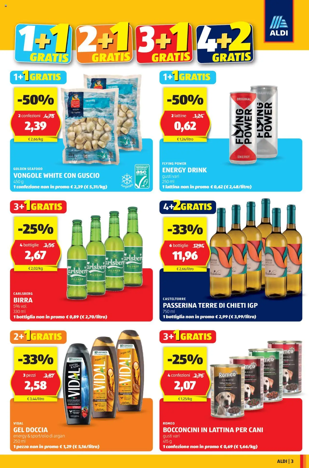 Volantino Aldi del 18.08.2025 | Pagina: 3 | Prodotti: Birra, Vongole, Bottiglia, Doccia