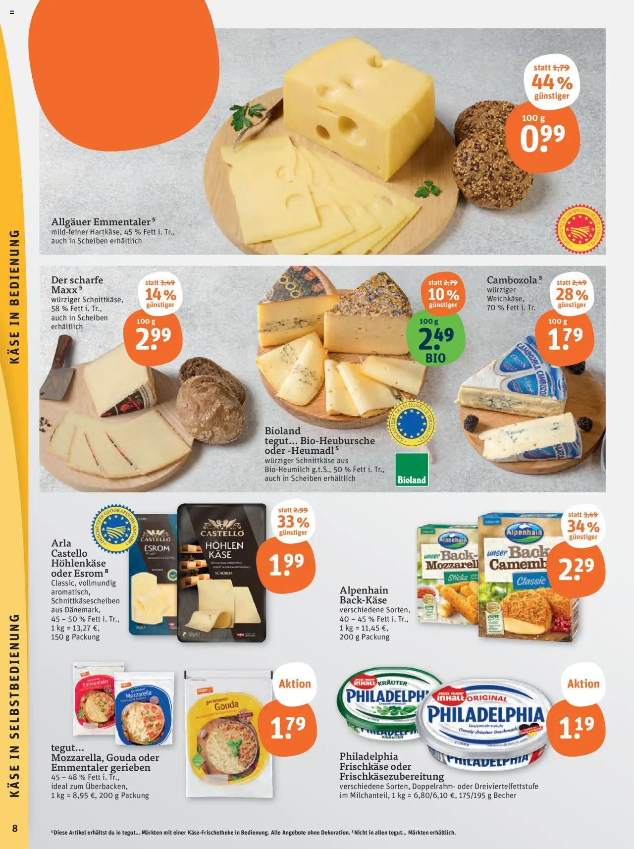 Tegut Prospekt – gültig ab 06.10.2025 | Seite: 10 | Produkte: Käse, Philadelphia, Mozzarella, Gouda