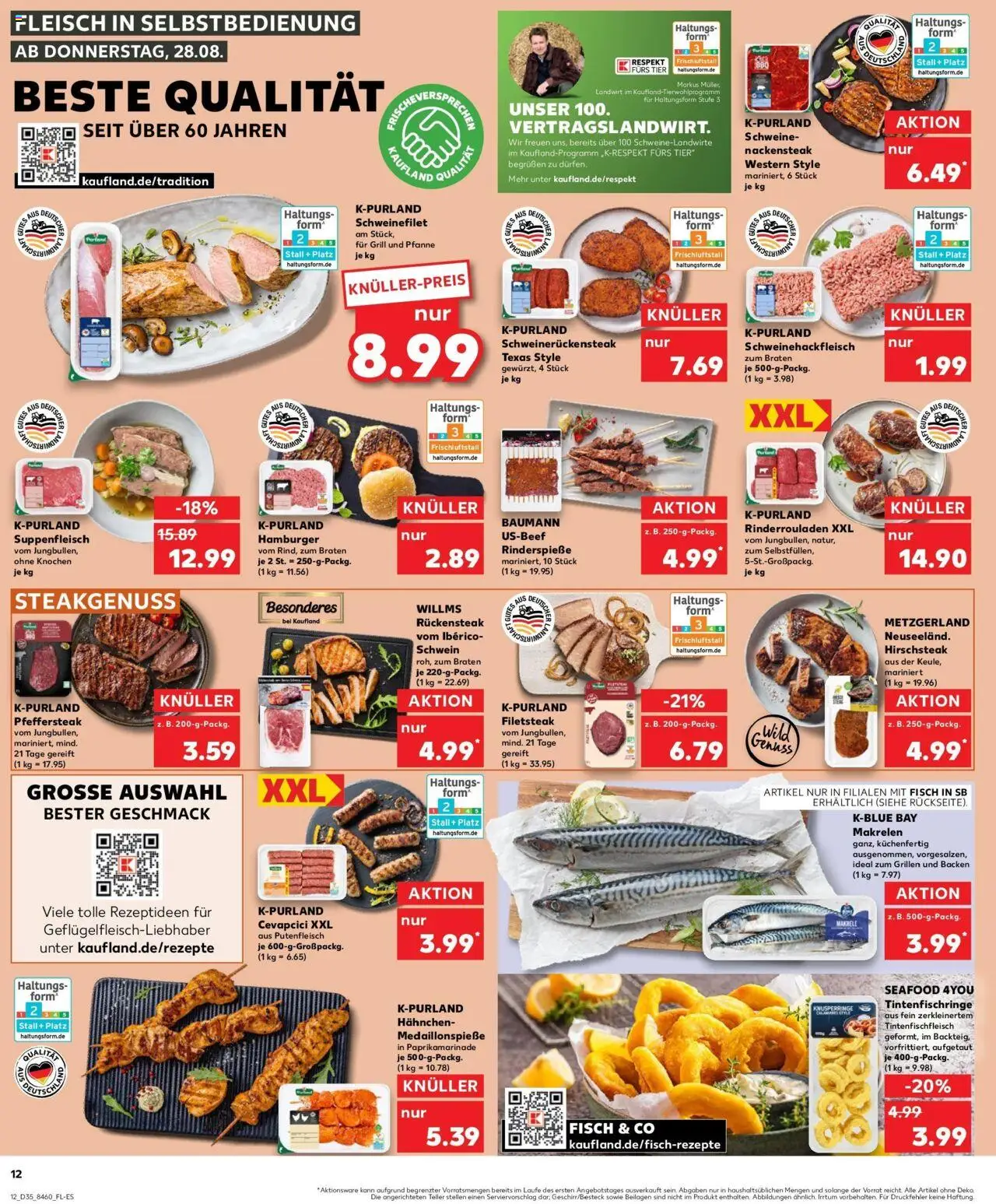 Kaufland prospekt Geislingen An Der Steige	 – gültig ab 28.08.2025 | Seite: 12 | Produkte: Rinderrouladen, Burger, Schweinefilet, Fisch