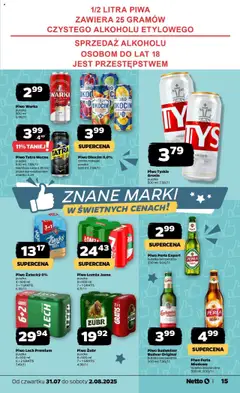 Netto gazetka - Spożywcza od 31.07.2025 | Strona: 15 | Produkty: Warka, Piwo Warka, Tyskie, Piwo