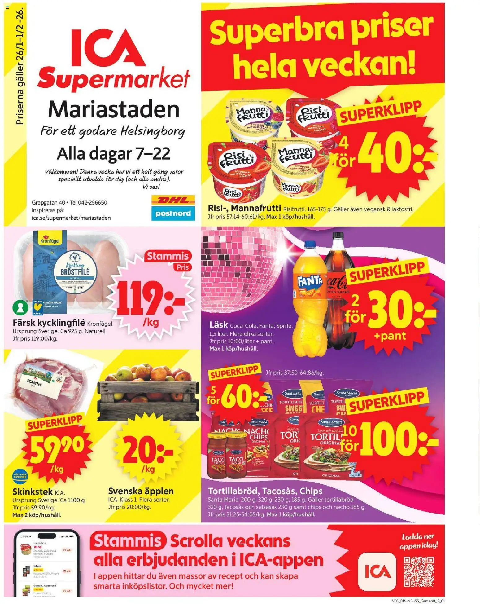 ICA Supermarket reklamblad aktuell från 26.01.2026 | Sida: 1 | Produkter: Tacosås, Kycklingfile, Chips, Äpplen