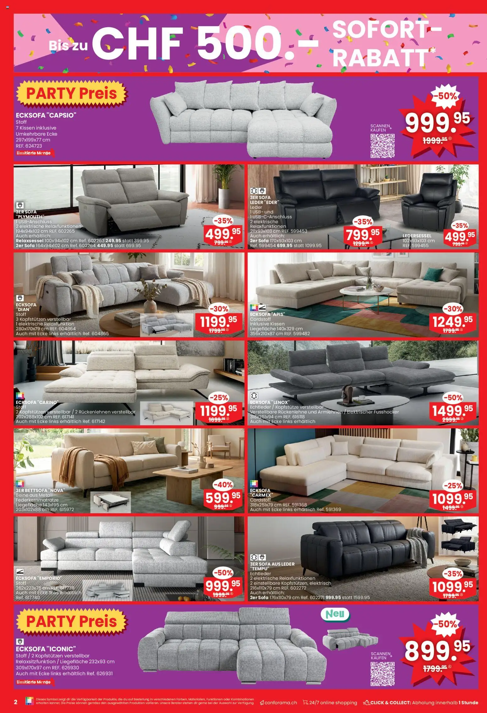 Conforama aktionen Selection  – gültig ab 04.03.2026 | Seite: 2 | Produkte: Kissen, Sofa, Usb, Relaxsessel
