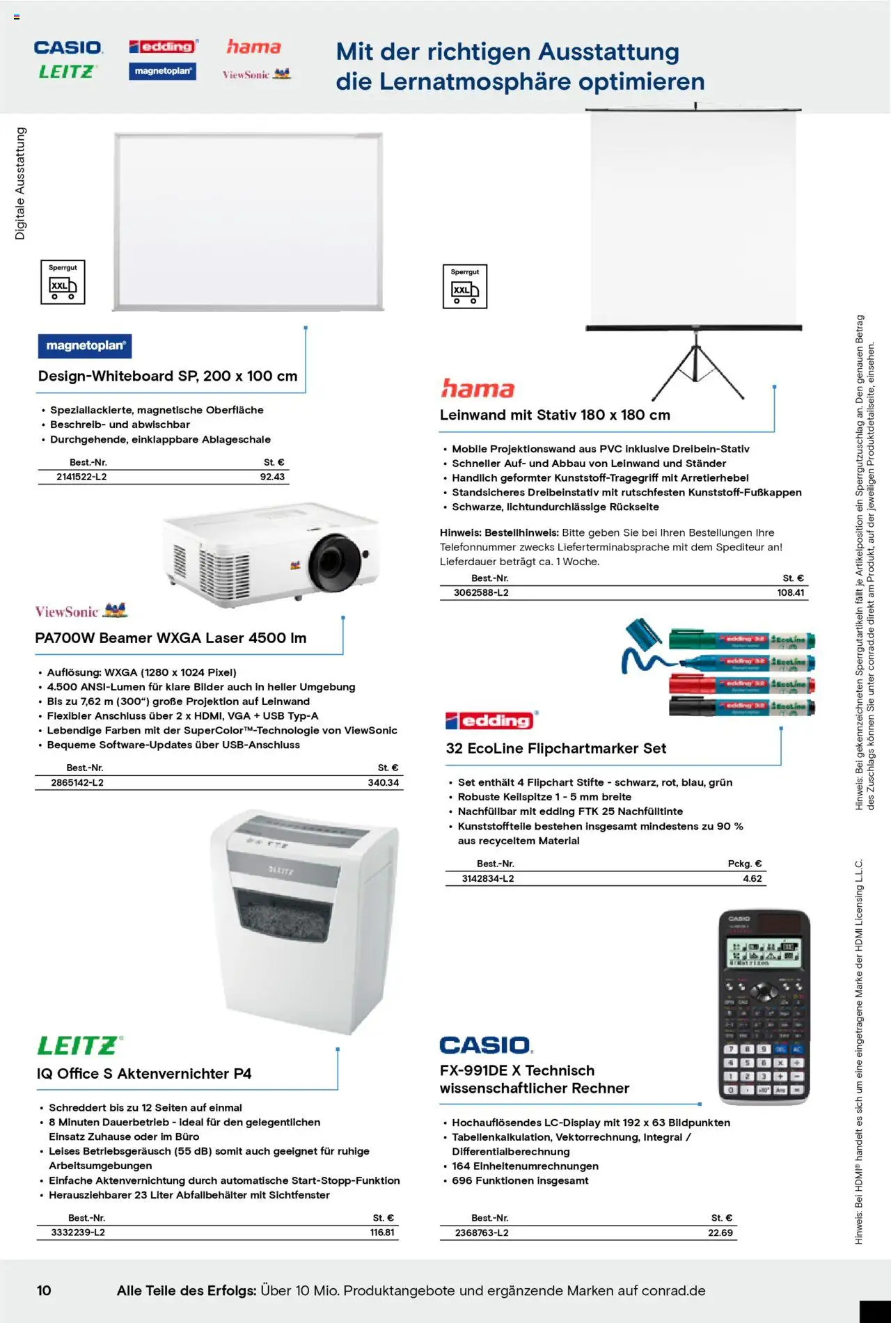 Conrad Education Katalog – gültig ab 01.01.2025 | Seite: 10 | Produkte: Aktenvernichter, Bilder, Stativ, Beamer