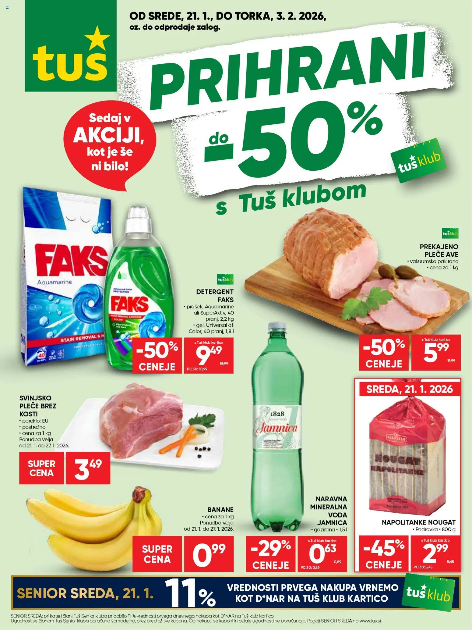 Novi Tuš katalog ponudbe – veljaven od 21.01.2026 | Stran: 1 | Izdelki: Napolitanke, Detergent, Banane, Voda