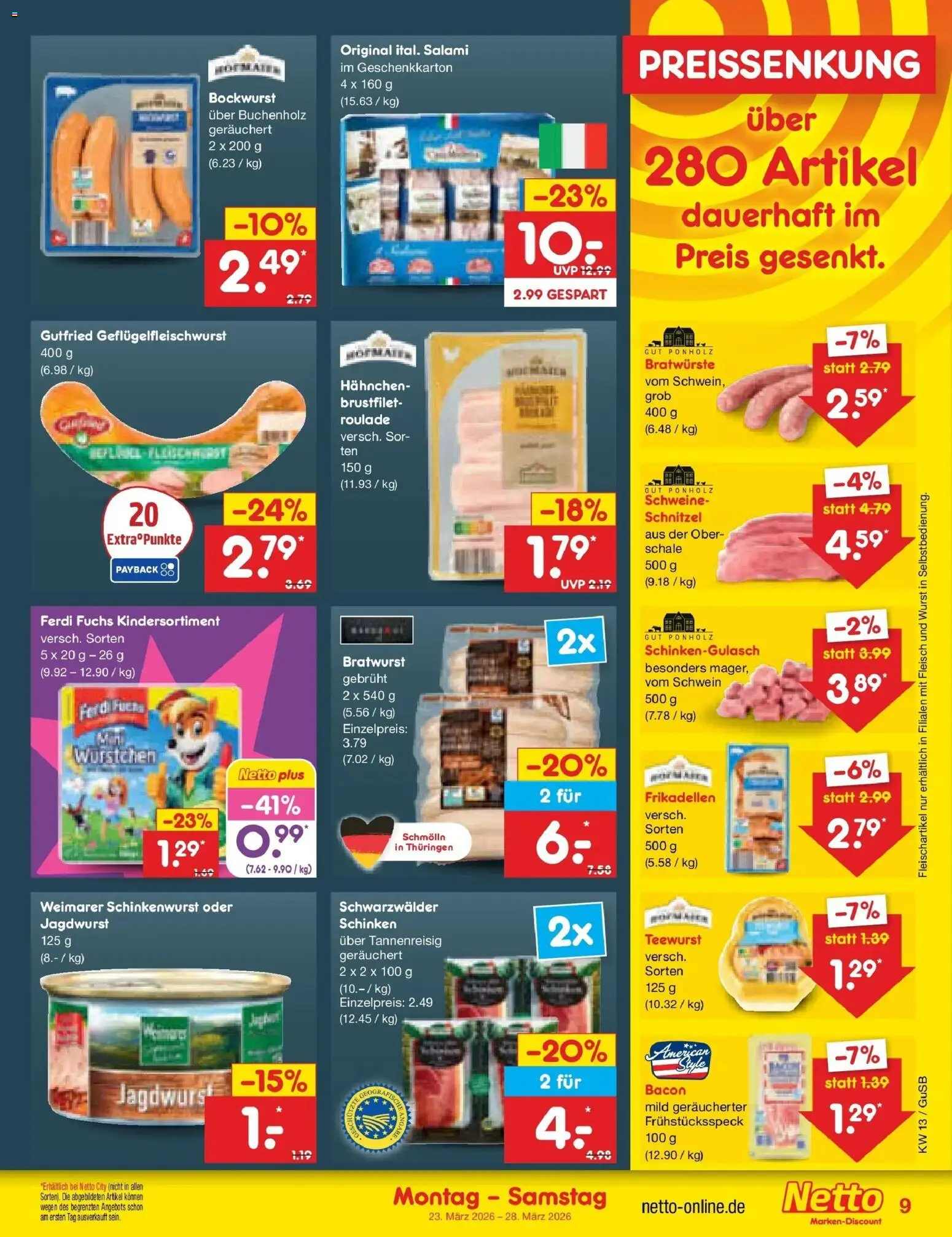 Netto Marken-Discount Prospekt Rodewisch	 – gültig ab 23.03.2026 | Seite: 9 | Produkte: Bockwurst, Schnitzel, Schinken, Fleisch