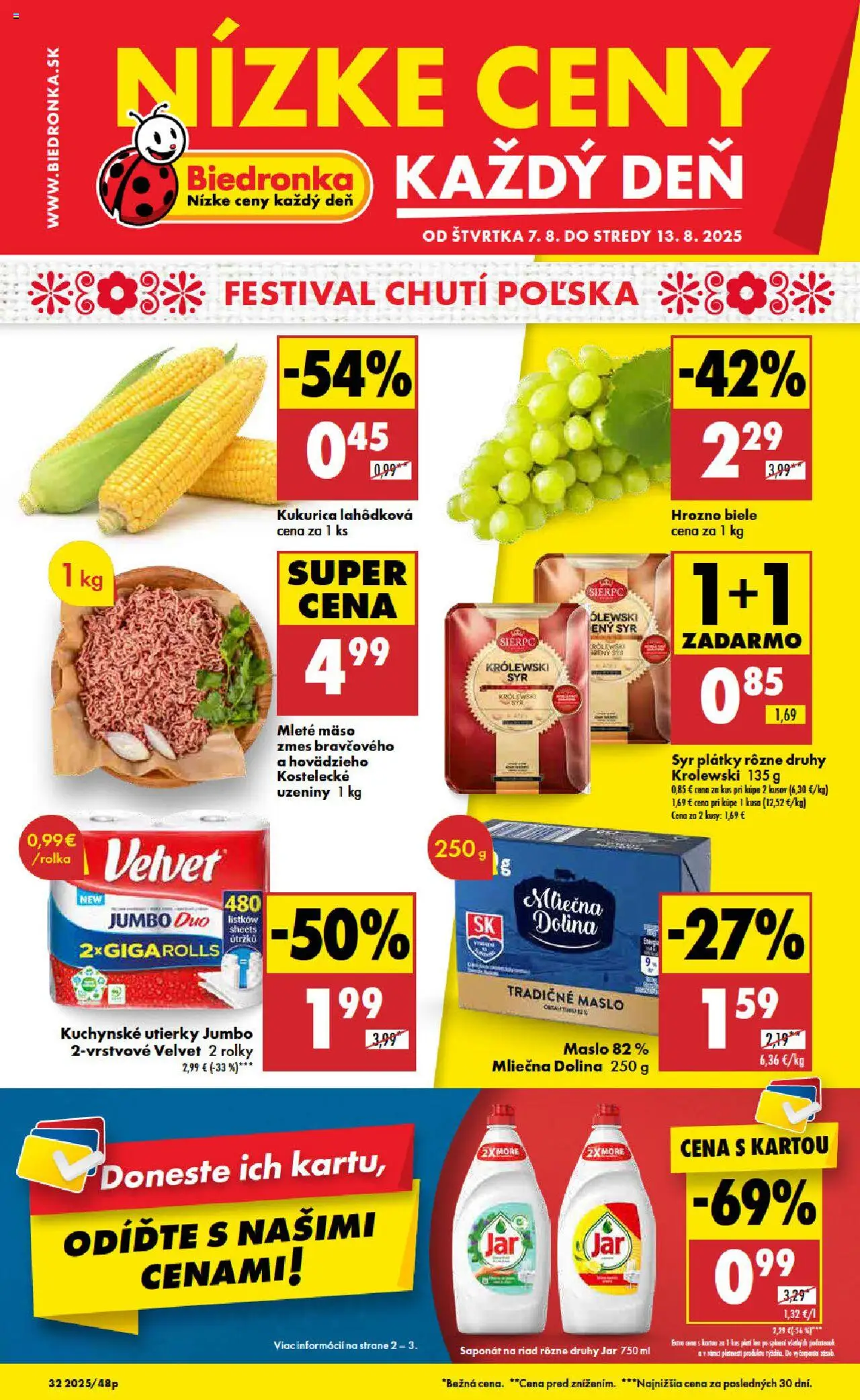 Biedronka leták │ platný od 07.08.2025 | Strana: 1 | Produkty: Syr, Kukurica, Jar, Hrozno