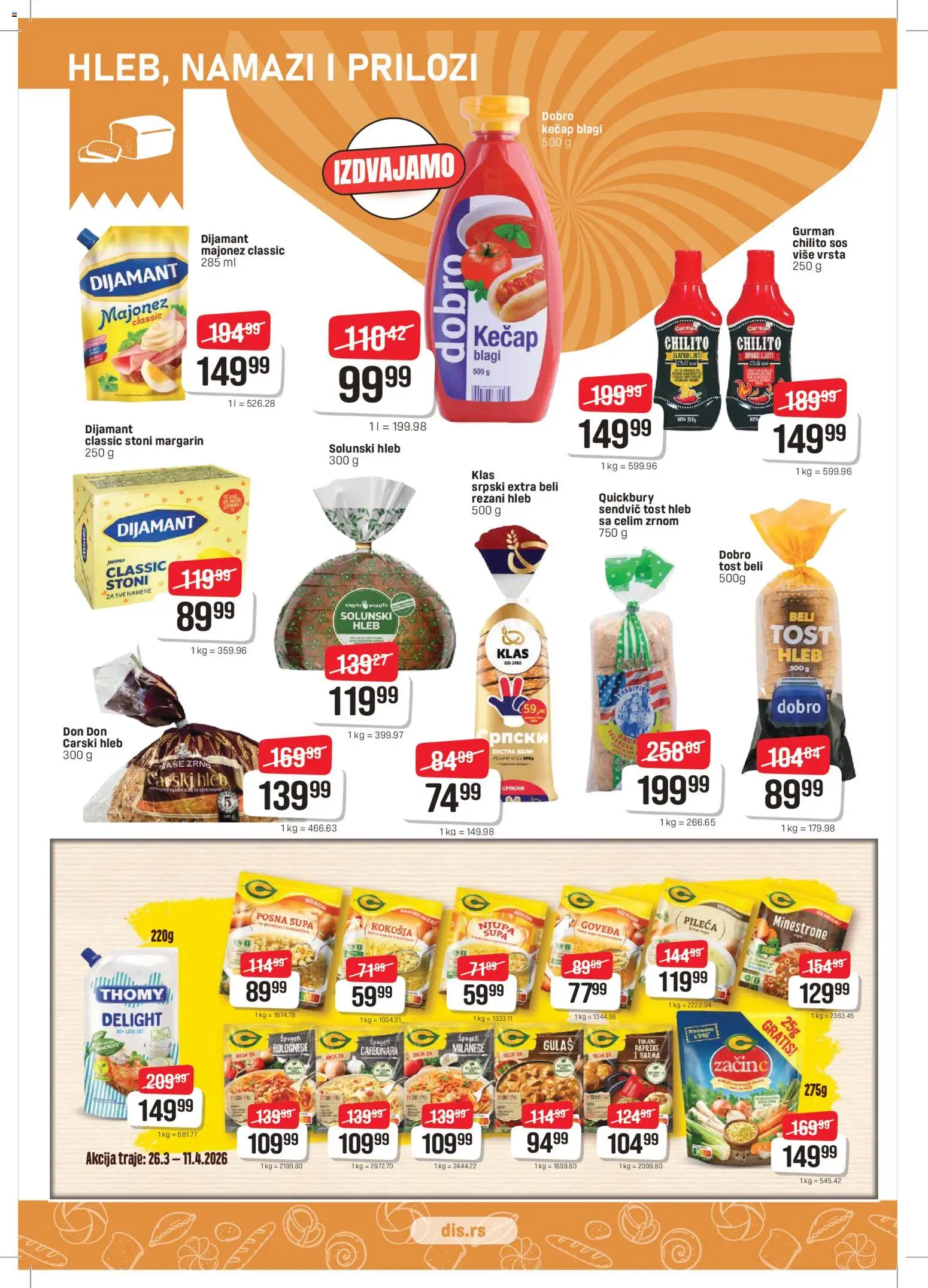 DIS katalog - važi od 26.03.2026 | Strana: 6 | Proizvode: Tost hleb, Margarin, Špageti, Hleb