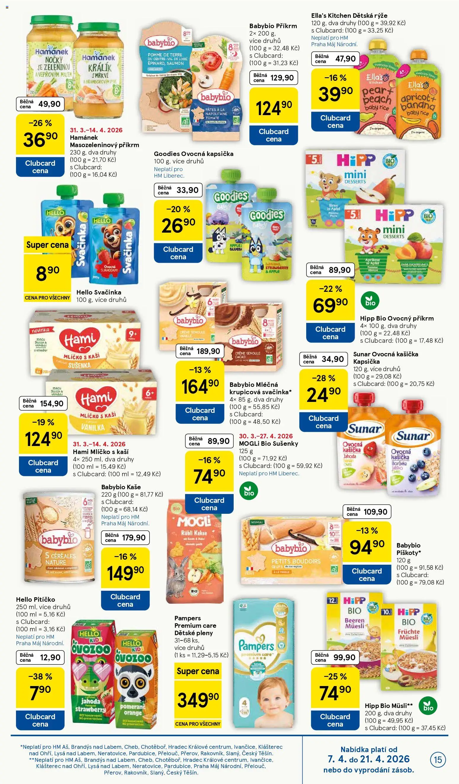 Tesco leták - Hypermarket od 07.04.2026 | Strana: 15 | Produkty: Ovocná kapsička, Pampers Premium Care, Příkrm, Hipp