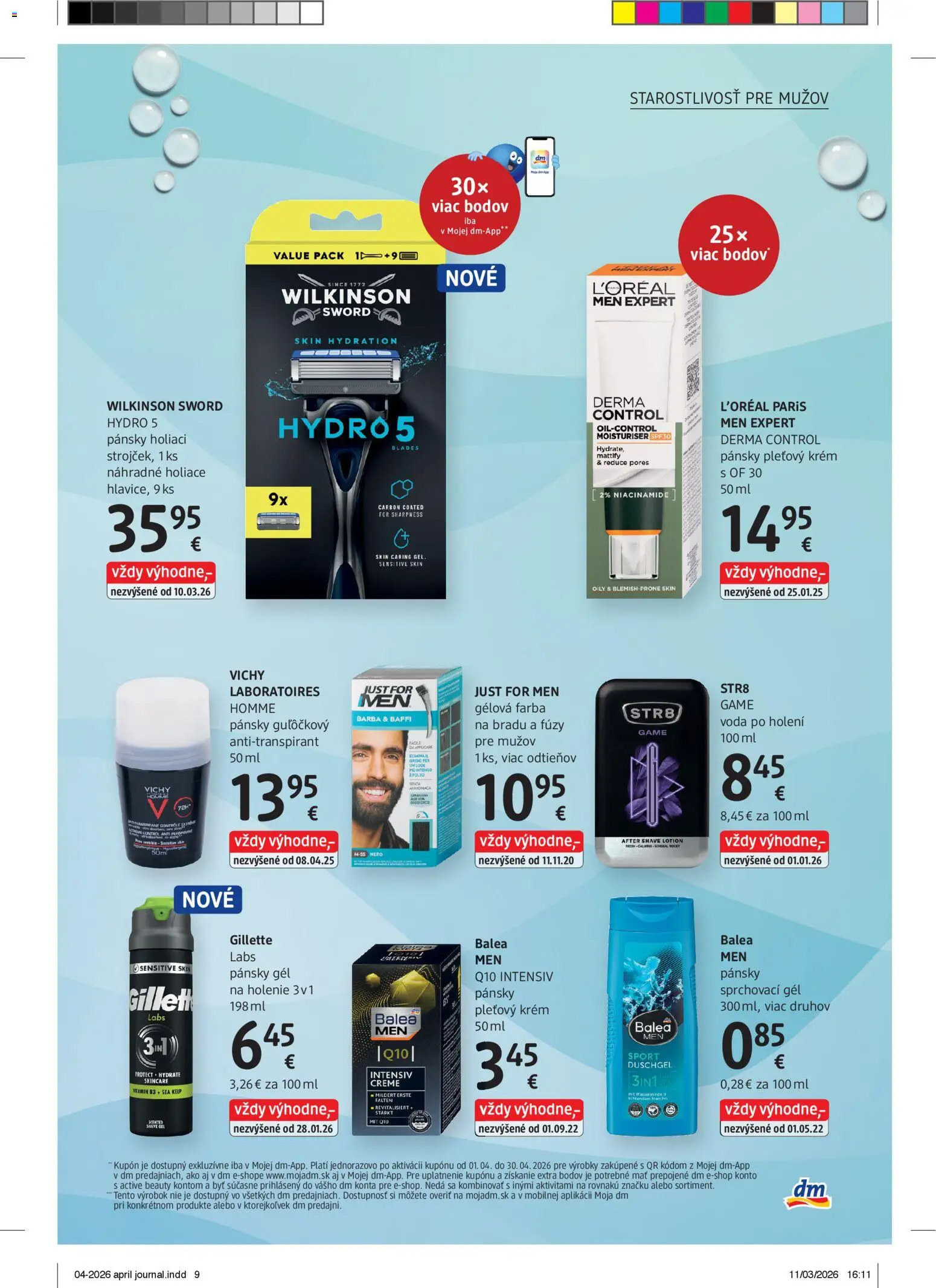 Nové dm drogerie akcie – leták je platný od 01.04.2026 | Strana: 9 | Produkty: Voda po holení, Antiperspirant, Krém, Voda