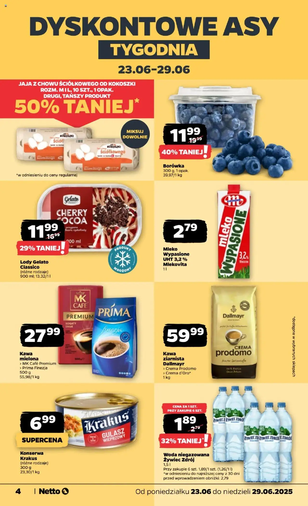 Netto gazetka - Spożywcza od 23.06.2025 | Strona: 4 | Produkty: Mleko wypasione, Kawa ziarnista, Woda, Jaja