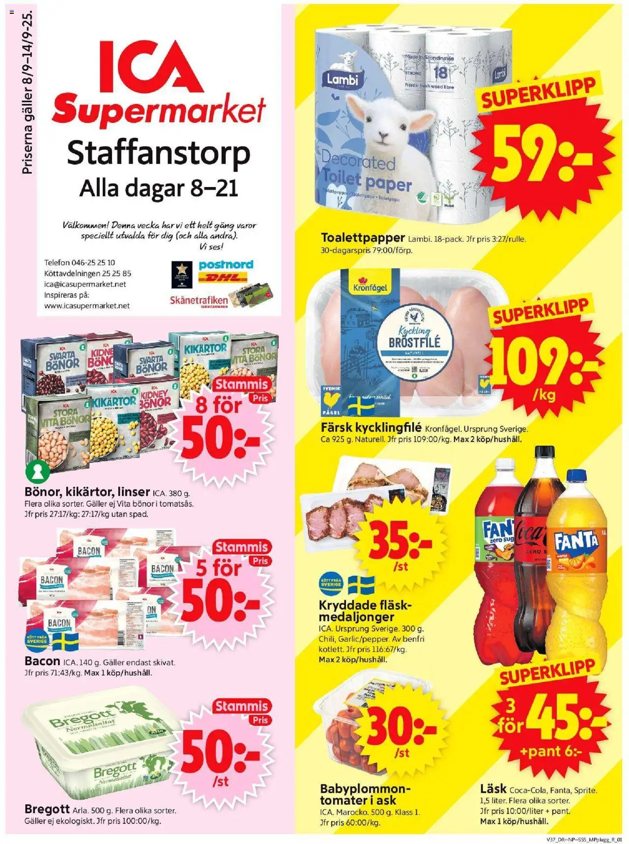 ICA Supermarket reklamblad aktuell från 08.09.2025 | Sida: 1 | Produkter: Toalettpapper, Kycklingfile, Tomater, Telefon