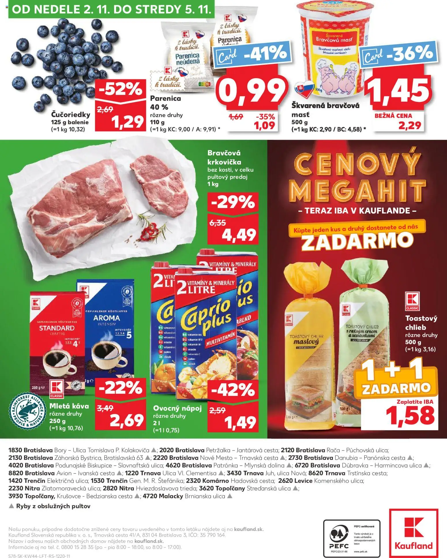 Nové Kaufland akcie – leták je platný od 30.10.2025 | Strana: 78 | Produkty: Káva, Bravčová krkovička, Krkovička, Čučoriedky