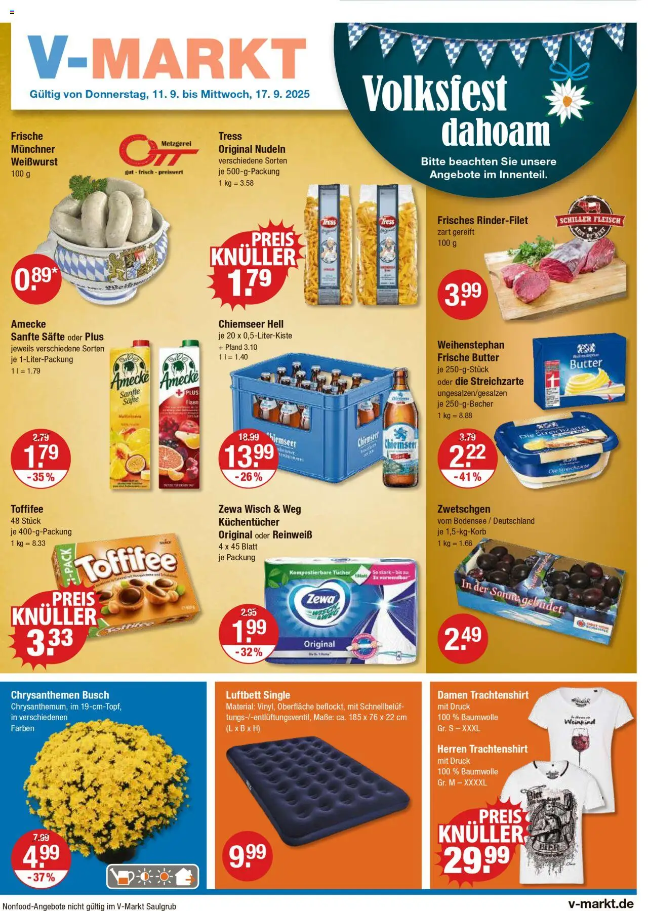 V-Markt - Hallertau/Oberpfalz – gültig ab 11.09.2025 | Seite: 1 | Produkte: Zewa, Weißwurst, Zwetschgen, Fleisch