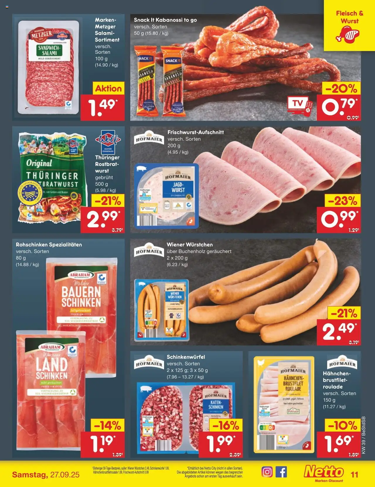 Netto Marken-Discount Prospekt 	 – gültig ab 22.09.2025 | Seite: 13 | Produkte: Hahnchen, Wurst, Schinken, Fleisch