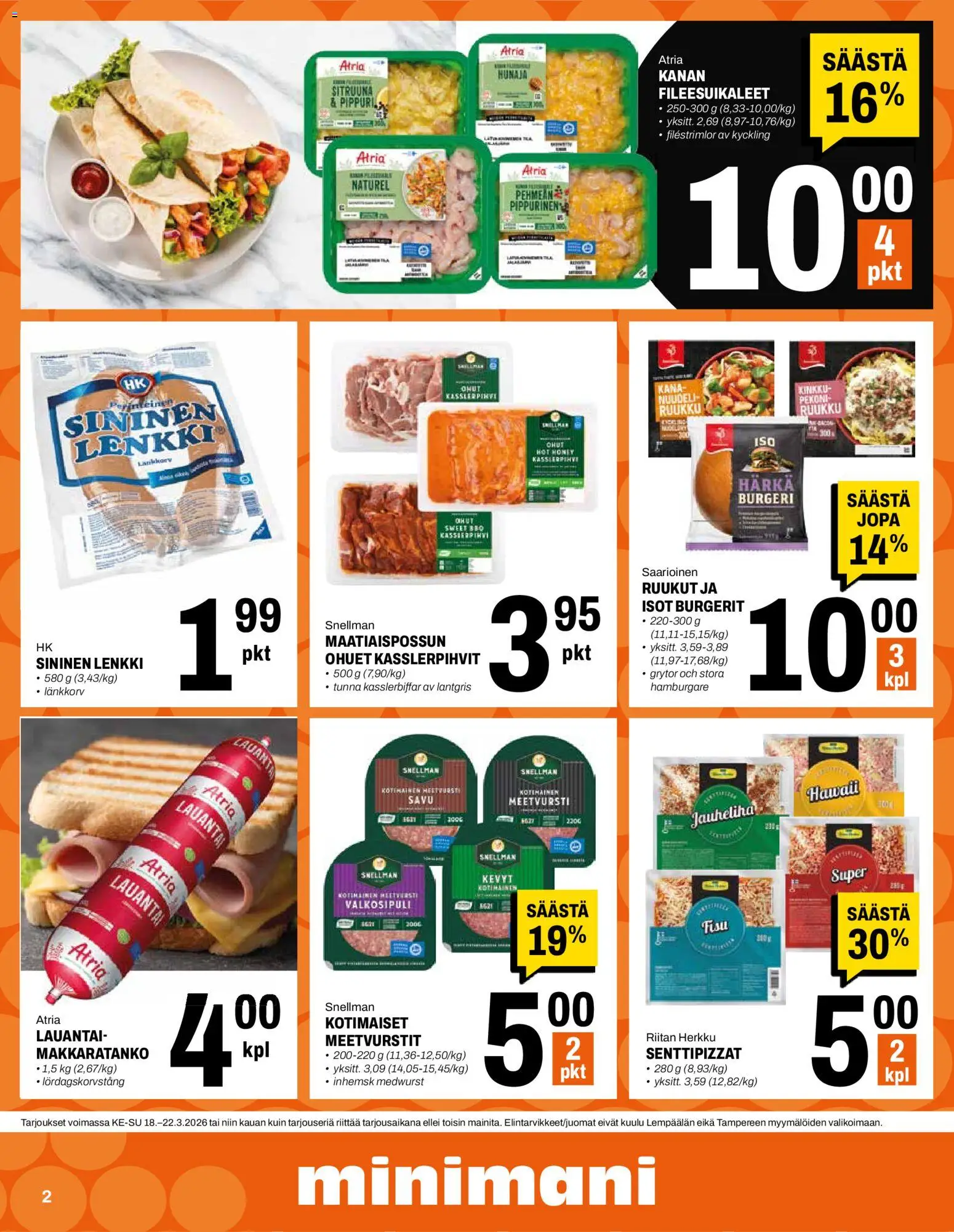Minimani tarjoukset – voimassa 18.03.2026 alkaen | Sivu: 2 | Tuotteet: Meetvursti, Kana, Kinkku, Pippuri