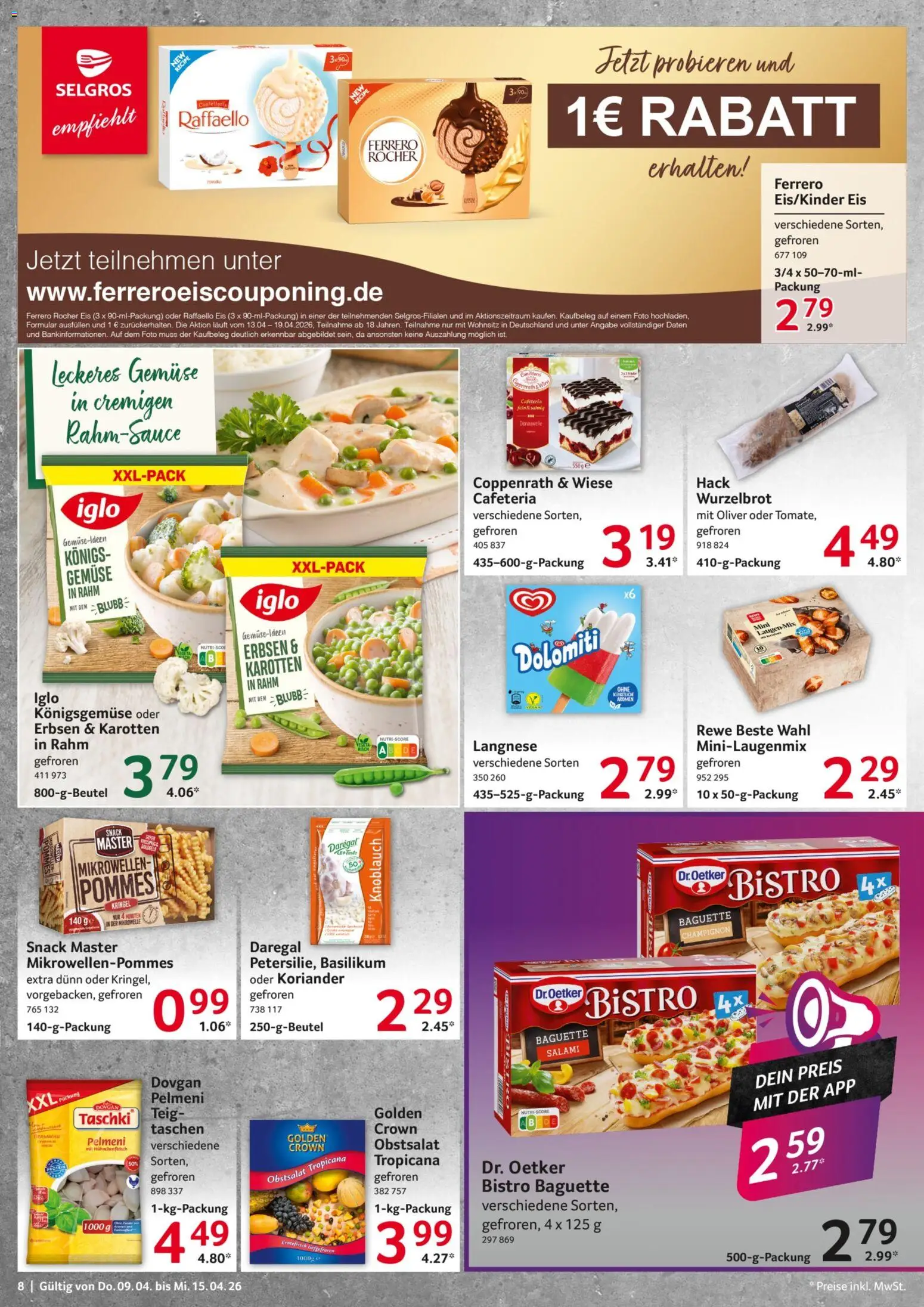 Selgros Prospekt 	 – gültig ab 09.04.2026 | Seite: 8 | Produkte: Raffaello, Ferrero rocher, Salami, Eis