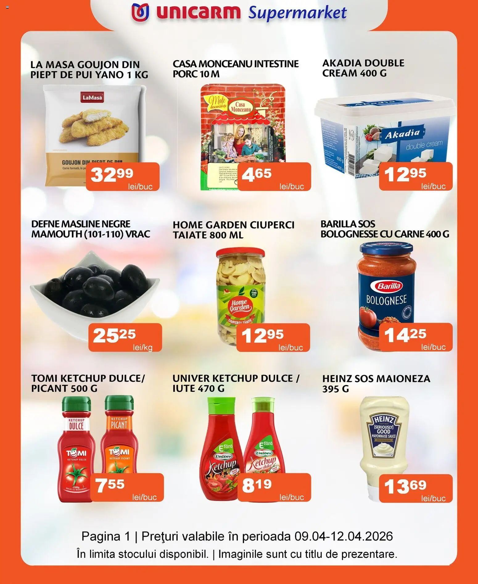 Noul catalog Unicarm – valabil de la 09.04.2026 | Pagină: 1 | Produse: Masă, Hacıyatmaz Kedi Oyuncağı, Măsline, Ciuperci