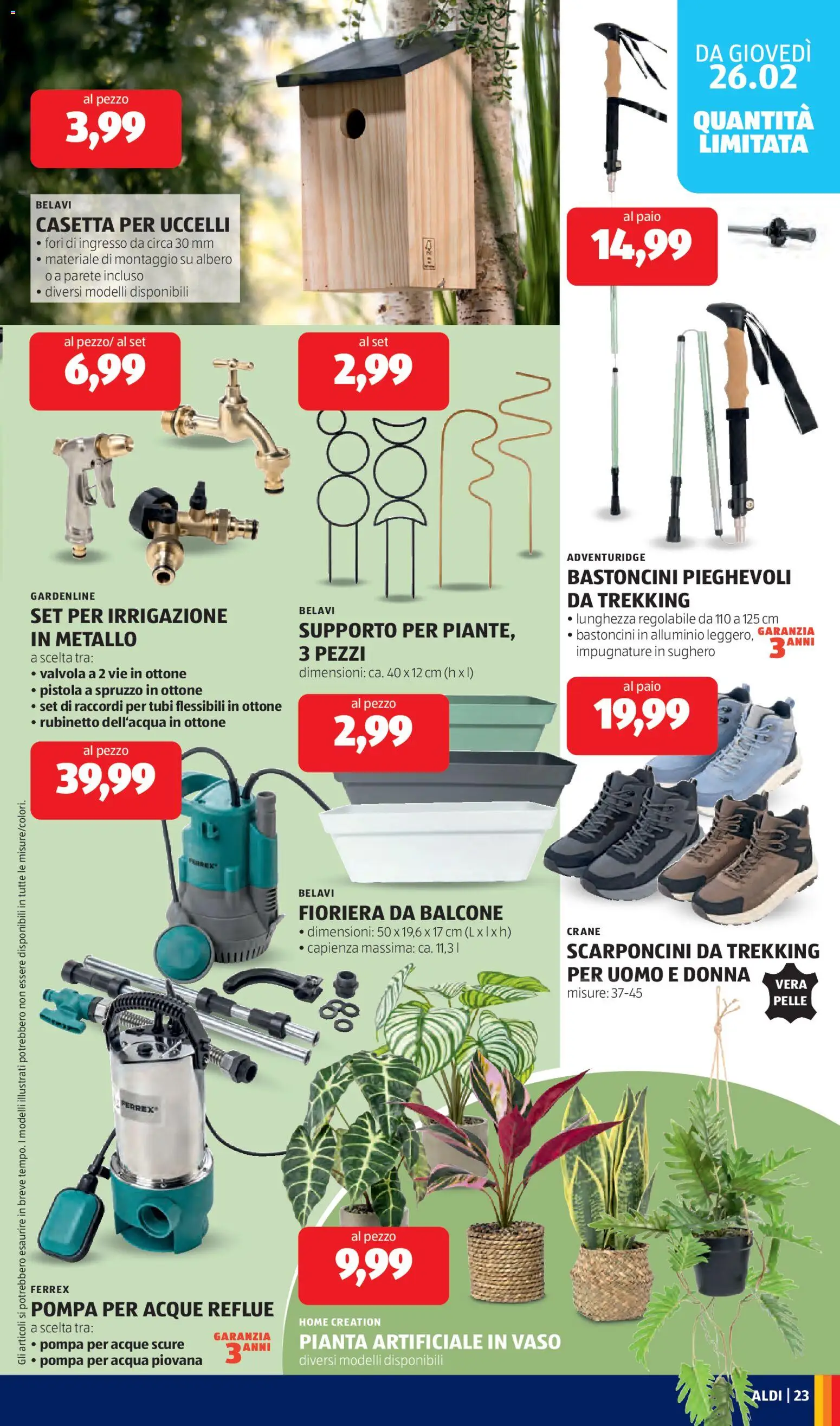 Volantino Aldi del 23.02.2026 | Pagina: 23 | Prodotti: Acqua, Fioriera, Alluminio, Vaso