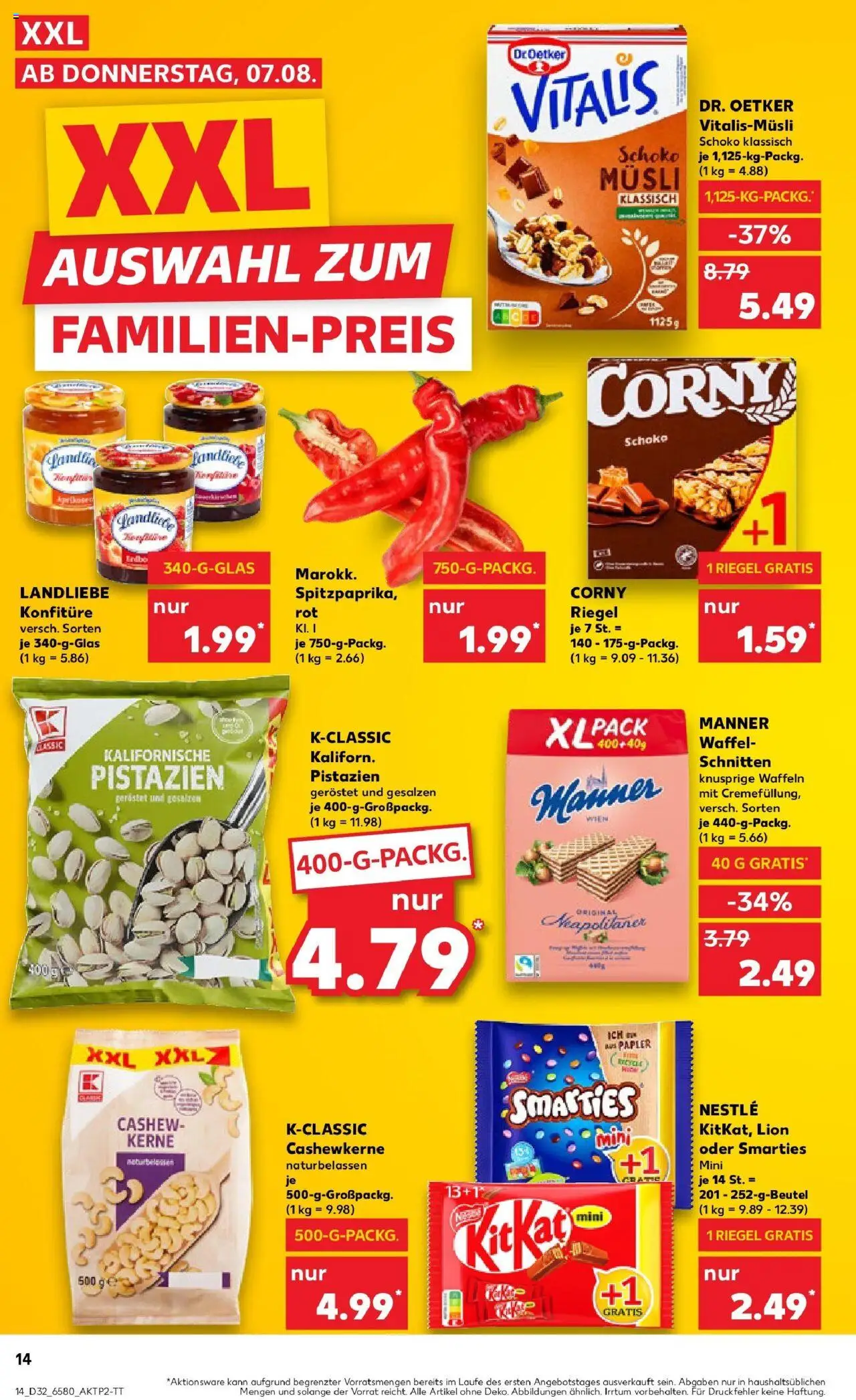 Kaufland prospekt Walsrode	 - gültig ab dem 07.08.2025 | Seite: 14 | Produkte: Corny riegel, Smarties, Pistazien, Waffeln