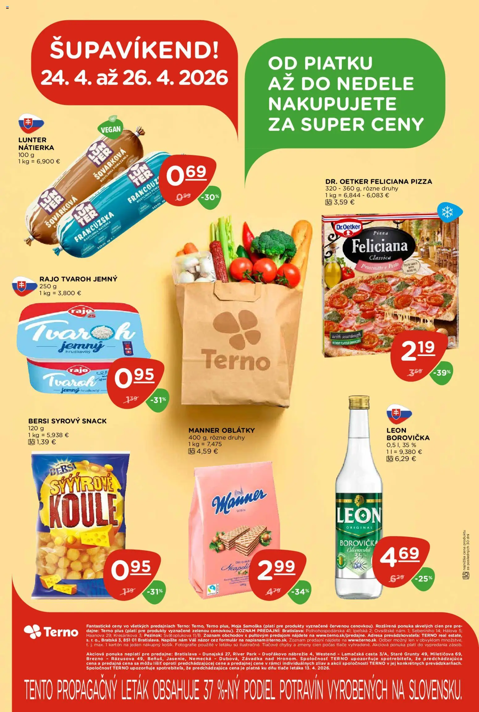 Nové Terno akcie – leták je platný od 23.04.2026 | Strana: 20 | Produkty: Pizza, Borovička, Tvaroh
