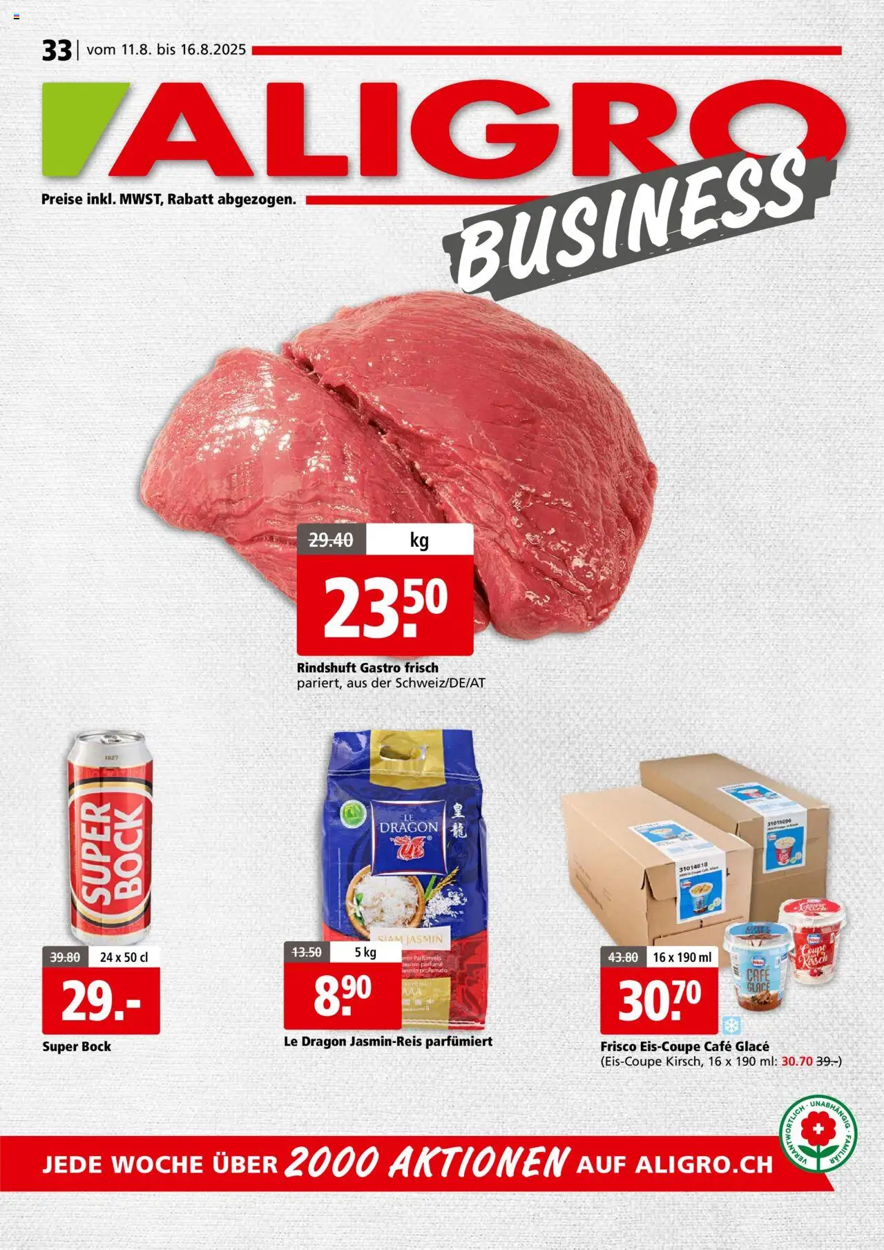 Aligro Aktionen Chavannes, Matran, Genève, Sion ab 11.08.2025 | Seite: 1 | Produkte: Jasminreis, Glace