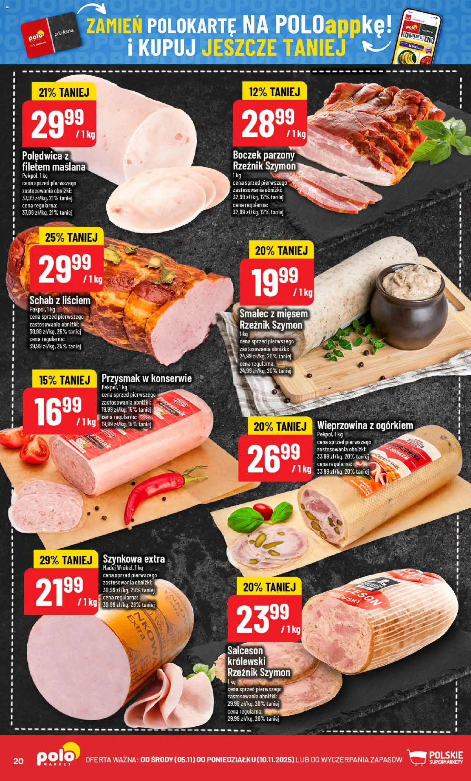 POLOmarket Gazetka od 05.11.2025 | Strona: 20 | Produkty: Schab, Boczek, Boczek parzony, Wieprzowina