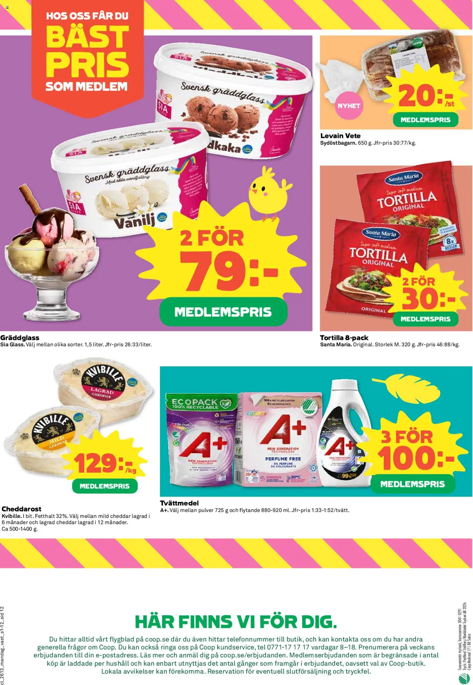 Coop reklamblad aktuell från 23.03.2026 | Sida: 12 | Produkter: Tvättmedel, Tortilla, Cheddar, Levain