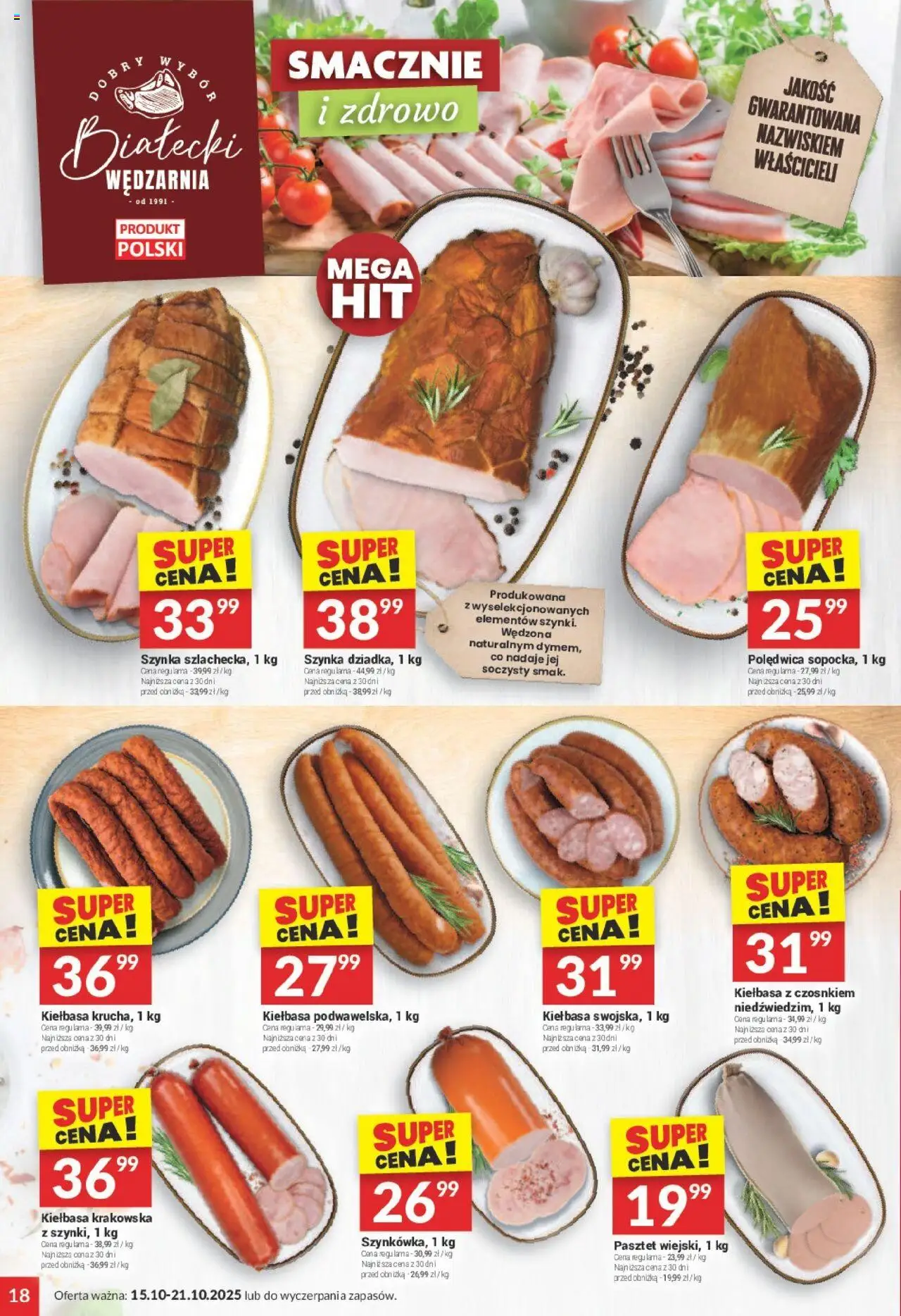 Twój Market Gazetka od 15.10.2025 | Strona: 18 | Produkty: Kiełbasa, Szynka, Kiełbasa krakowska