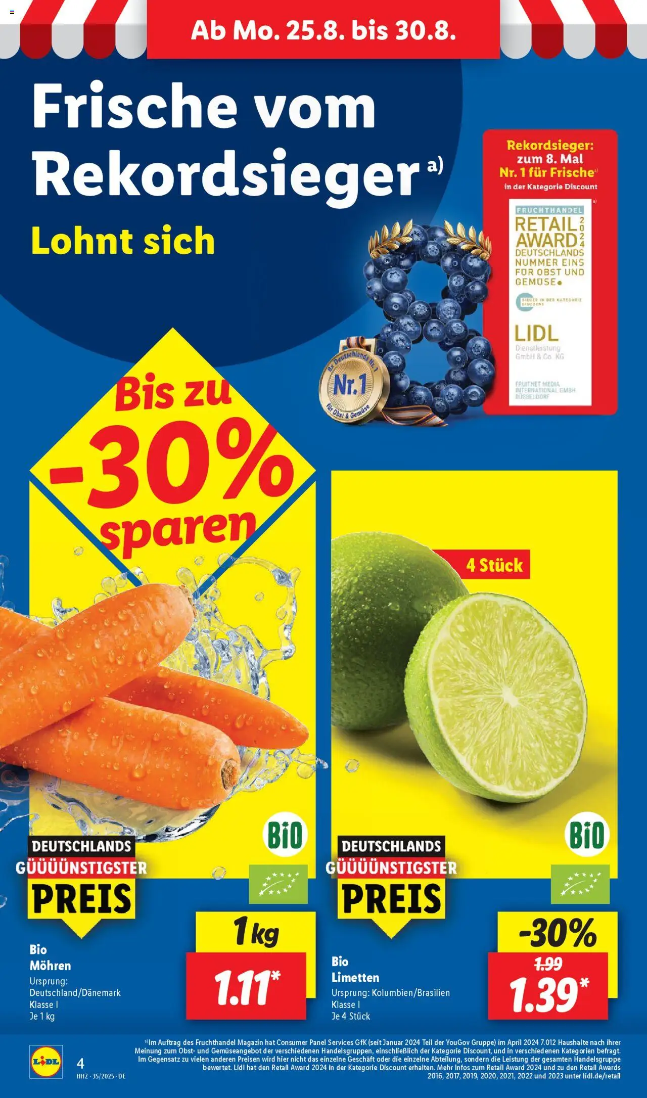 Lidl Prospekt Grimma	 - gültig ab dem 25.08.2025 | Seite: 4 | Produkte: Limetten, Mohren, Gemüse, Obst