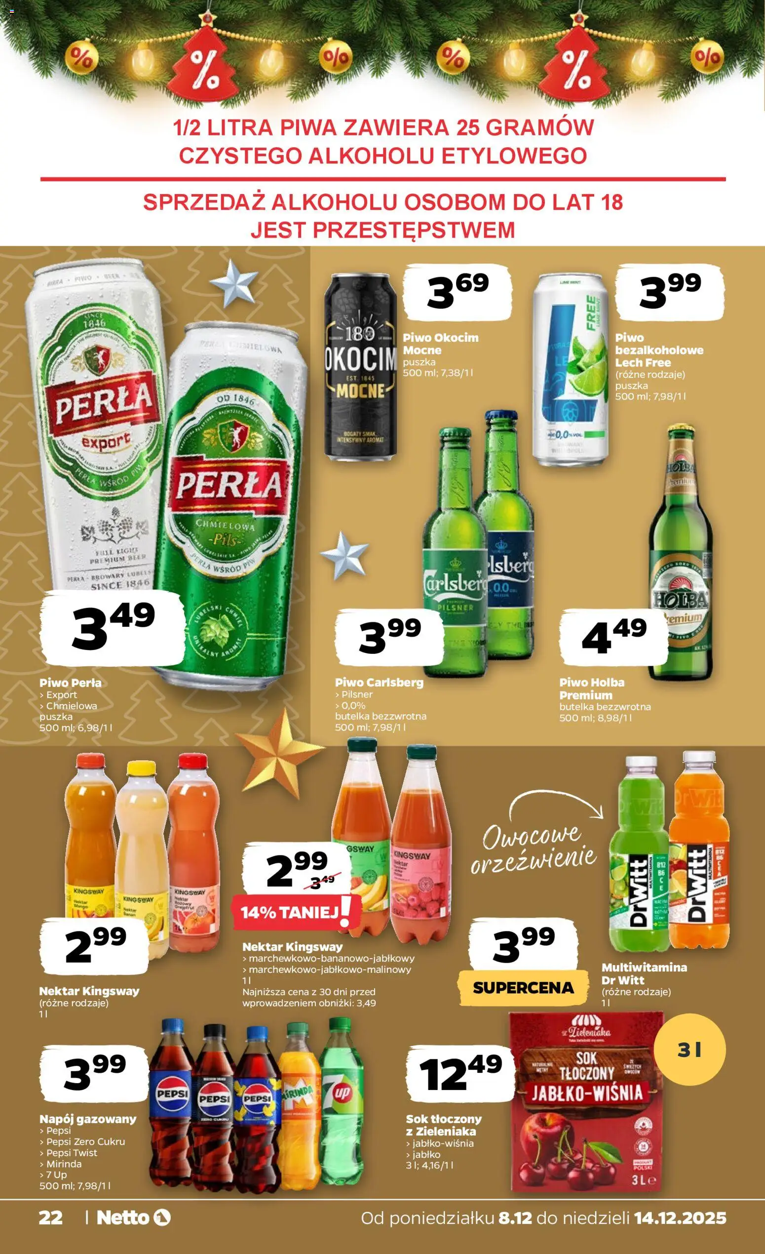 Netto gazetka - Spożywcza od 08.12.2025 | Strona: 22 | Produkty: Pepsi, Piwo perła, Piwo Carlsberg, Sok