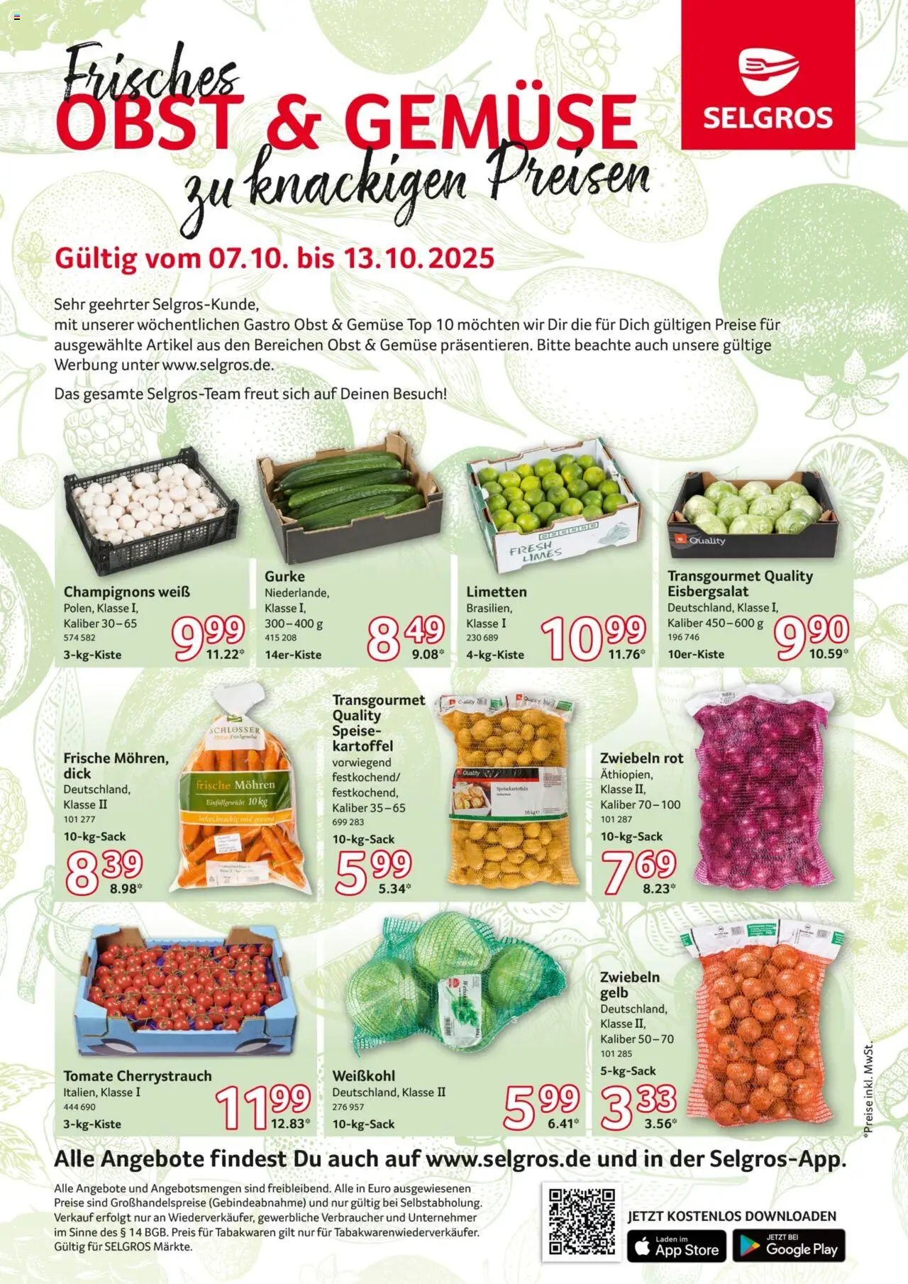 Selgros Obst & Gemüse – gültig ab 07.10.2025 | Seite: 1 | Produkte: Top, Eisbergsalat, Mohren, Champignons