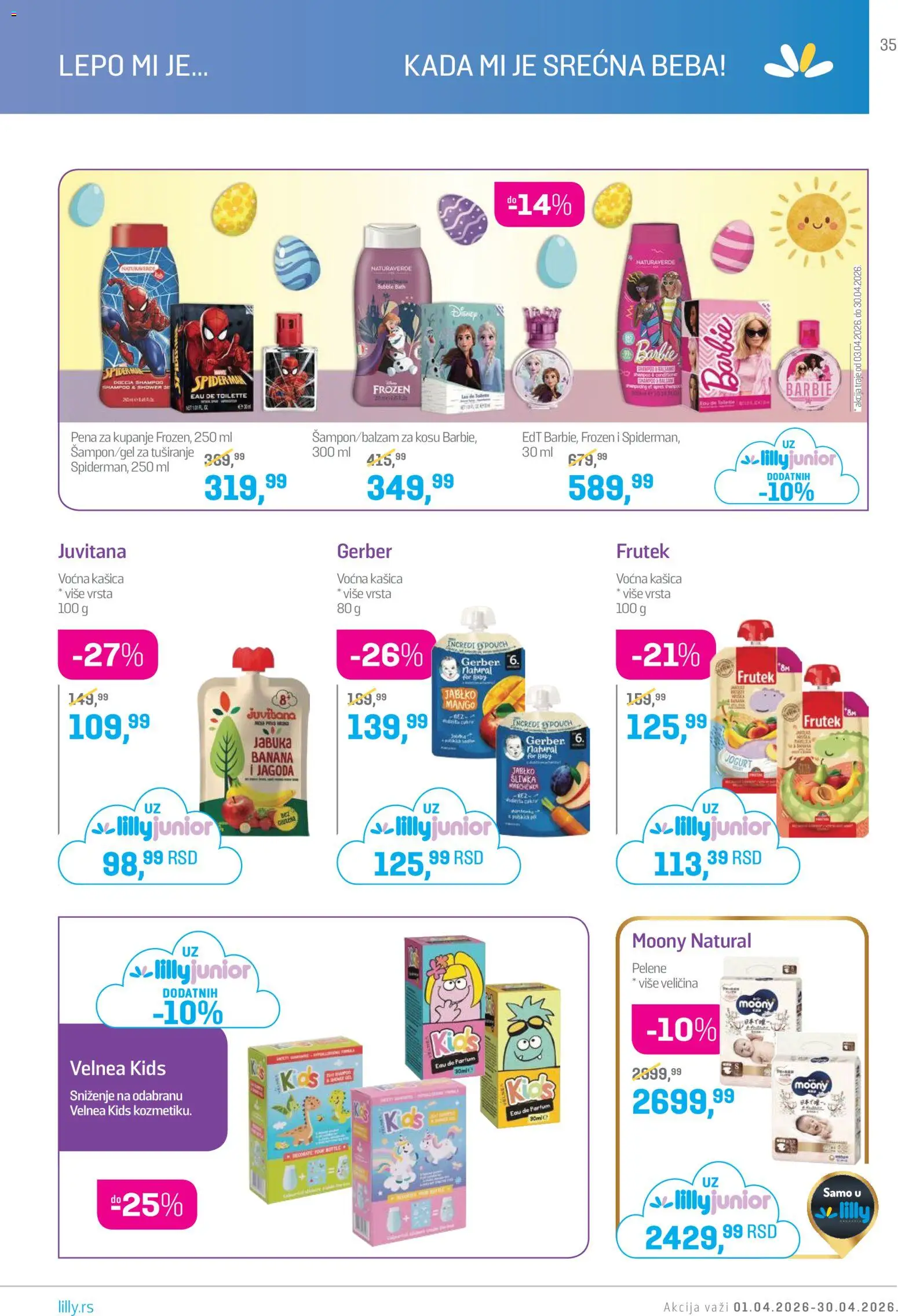 Lilly drogerie katalog - važi od 01.04.2026 | Strana: 35 | Proizvode: Mango, Jagoda, Pena za kupanje, Barbie