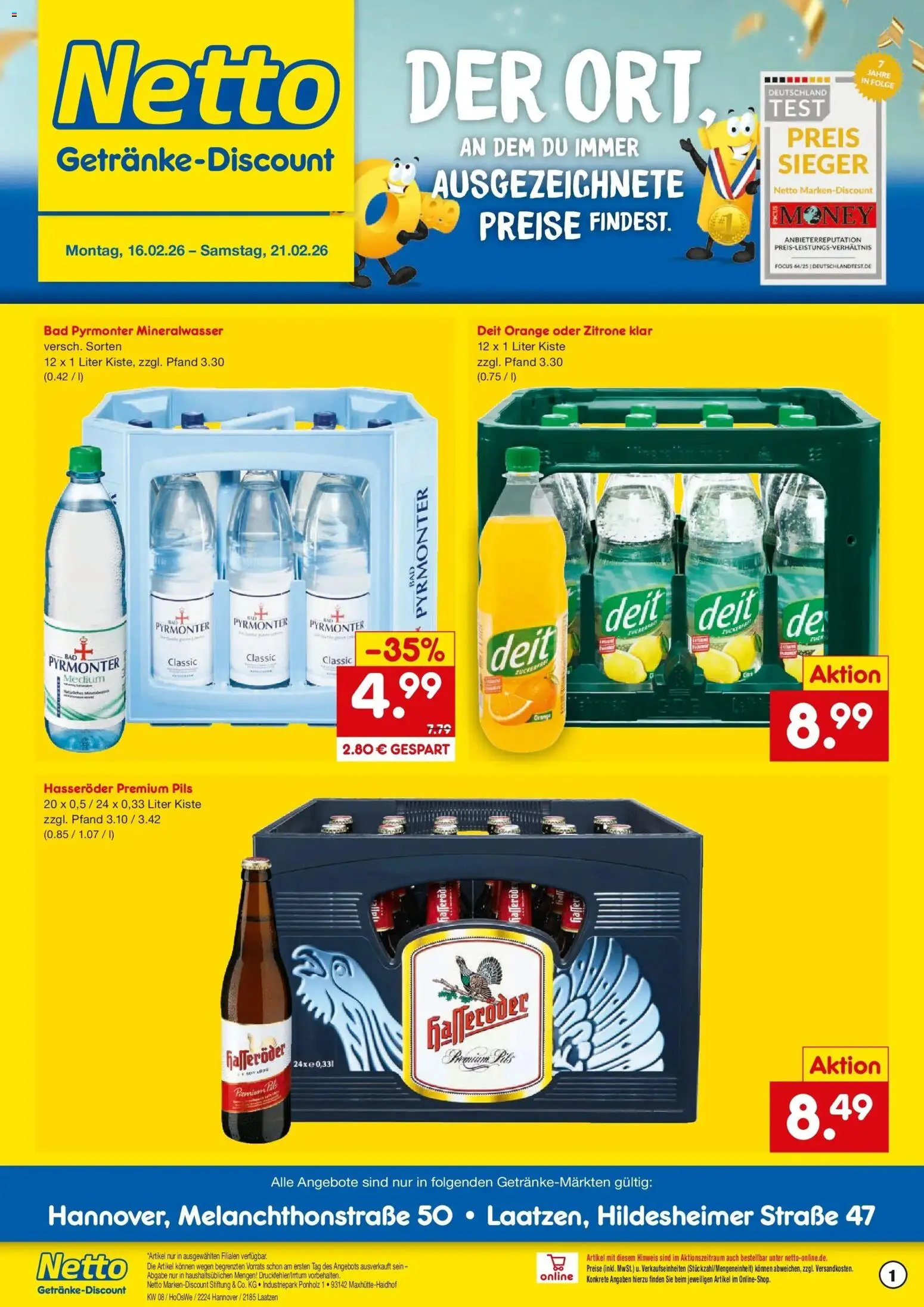 Netto Marken-Discount prospekt Laatzen	 – gültig ab 16.02.2026 | Seite: 1 | Produkte: Bad, Mineralwasser, Zitrone, Hasseröder