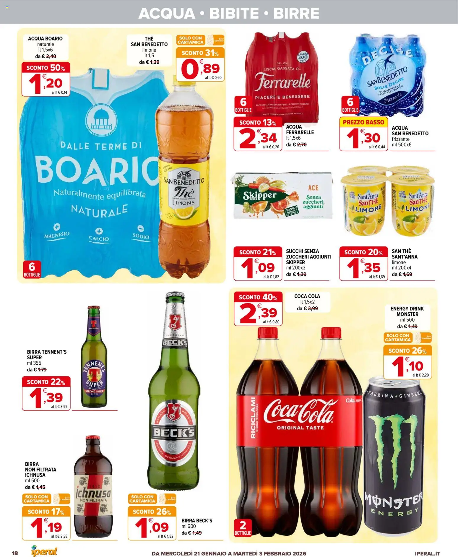 Volantino Iperal del 21.01.2026 | Pagina: 18 | Prodotti: Birra, Acqua, The, Ferrarelle
