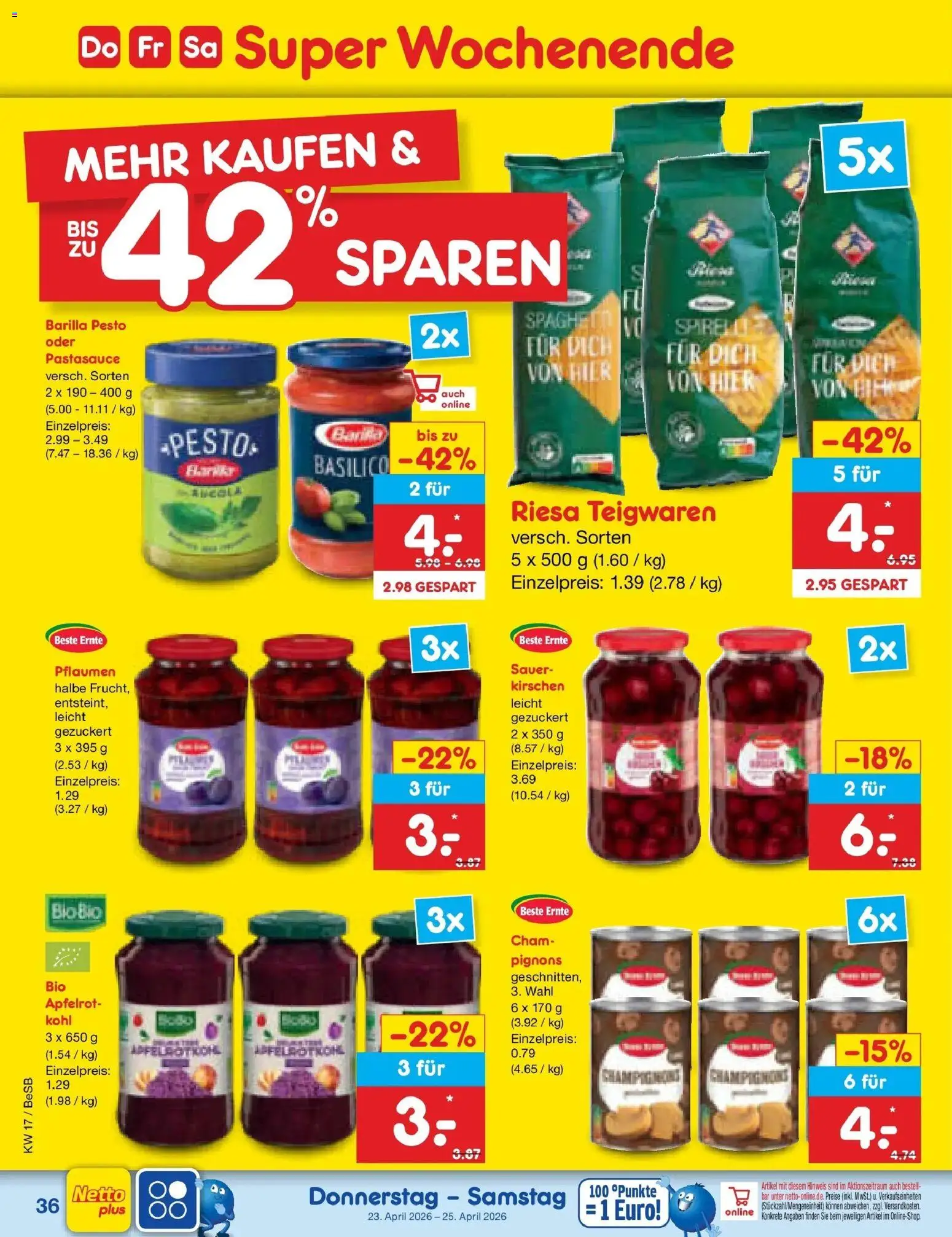 Netto Marken-Discount Prospekt Kremmen	 – gültig ab 20.04.2026 | Seite: 52 | Produkte: Pflaumen, Barilla, Kirschen, Champignons