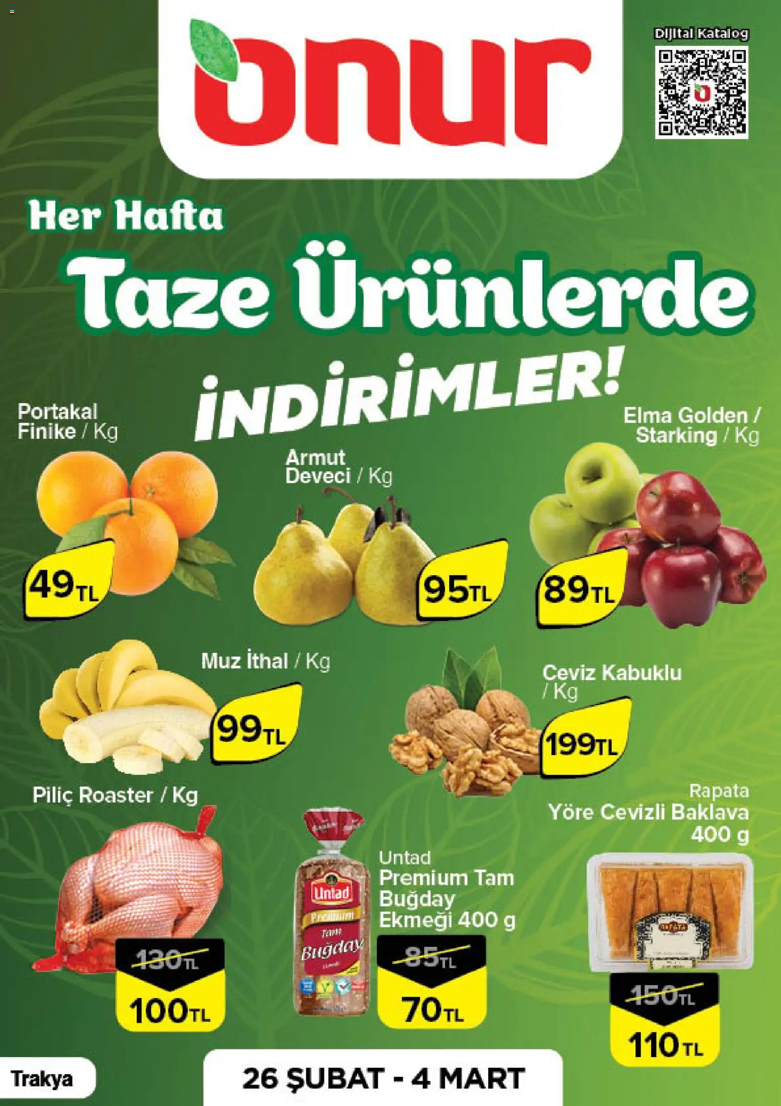 Onur Market Taze Ürünlerde İndirimler - Trakya - 26.02.2026 tarihinden itibaren geçerlidir | Sayfa: 1 | Ürünler: Elma, Portakal, Muz, Ceviz