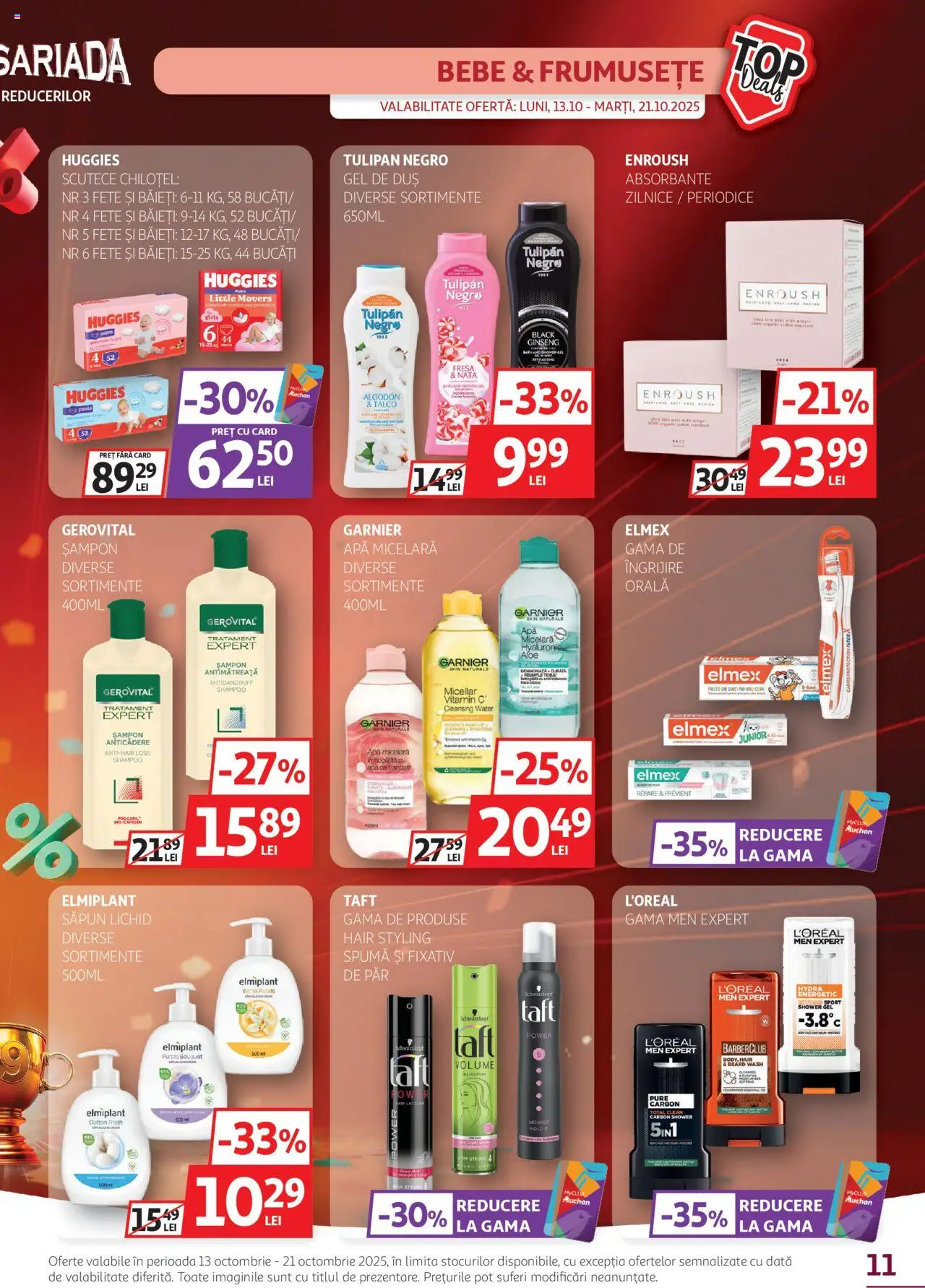 Noul catalog Auchan – valabil de la 13.10.2025 | Pagină: 11 | Produse: Șampon, Săpun, Gel de duș, Scutece
