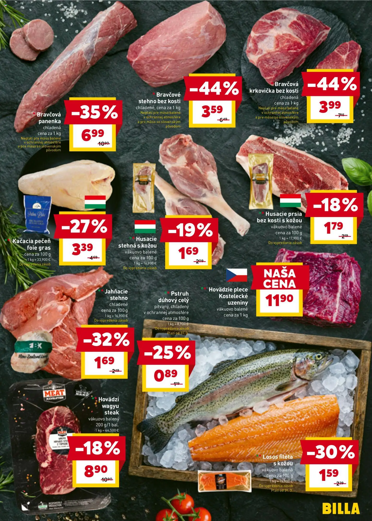 Nové Billa akcie – leták je platný od 30.03.2026 | Strana: 7 | Produkty: Pstruh, Losos, Krkovička, Steak