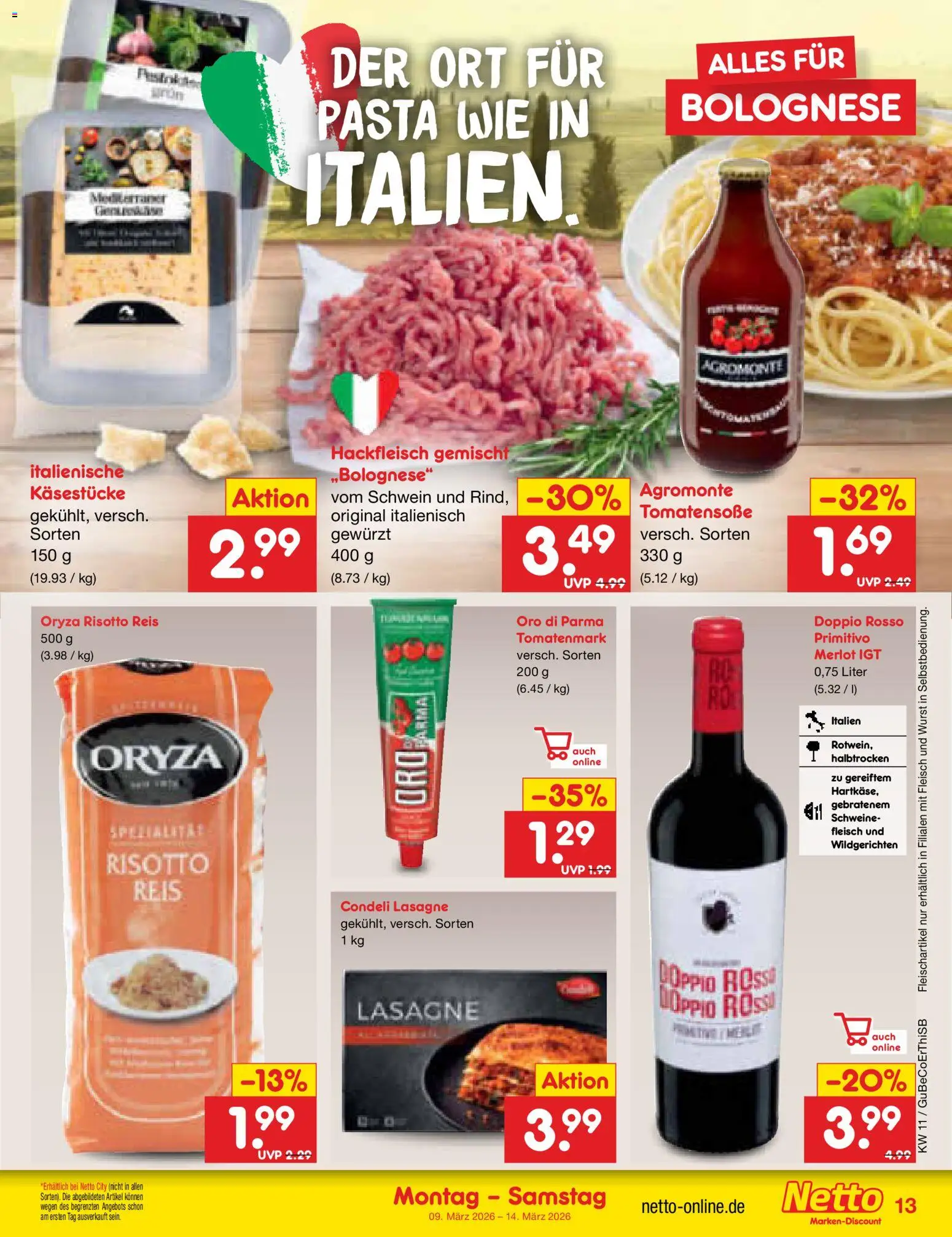 Netto Marken-Discount Prospekt 	 – gültig ab 09.03.2026 | Seite: 13 | Produkte: Merlot, Reis, Fleisch, Hackfleisch
