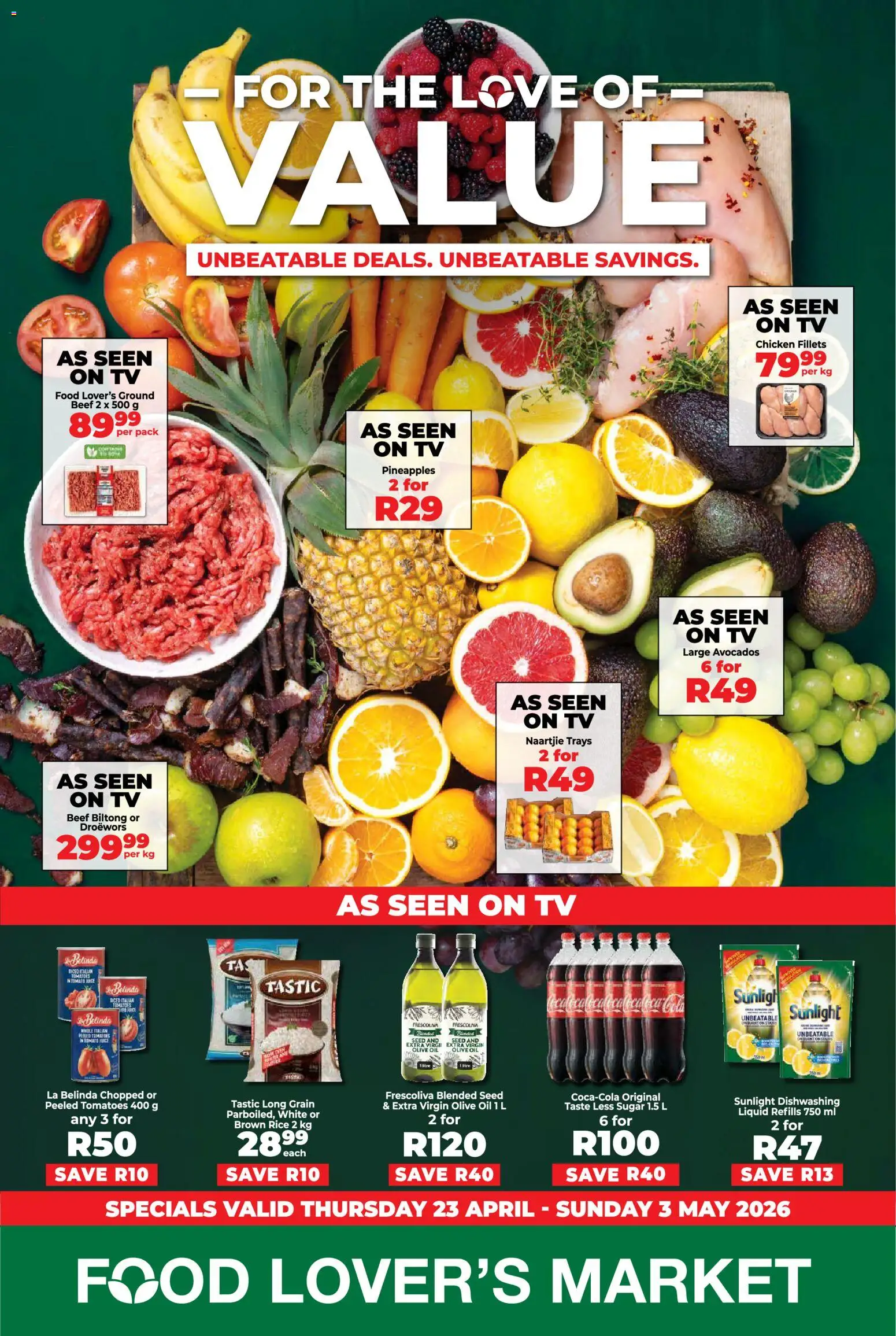 New Food Lover's Market catalogue – valid from 23.04.2026 | Page: 1 | Products: Chicken, Rice, Sugar, Dishwashing liquid