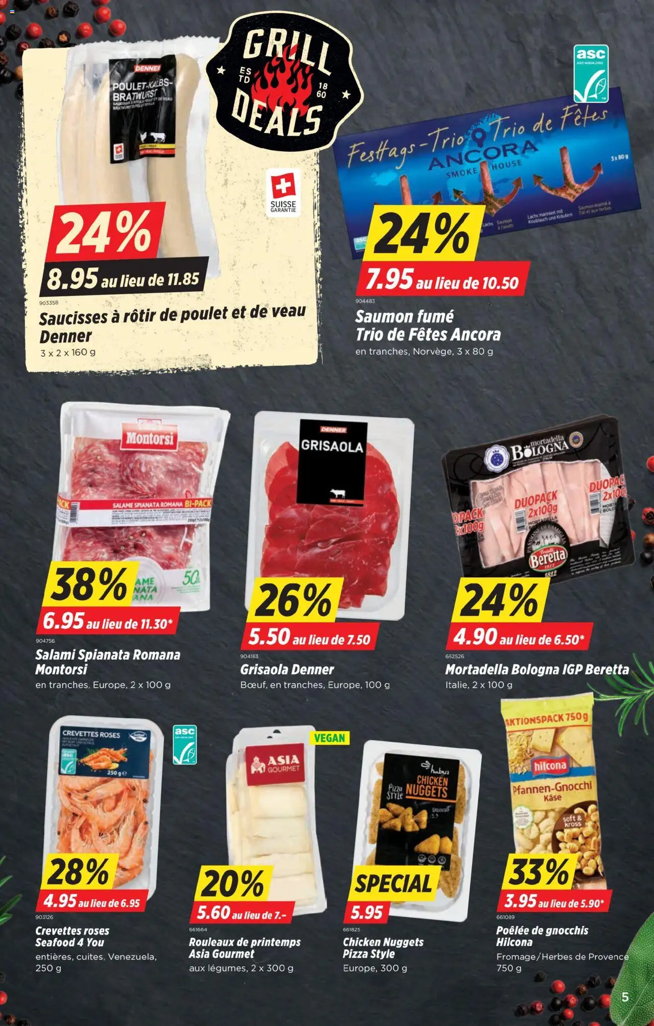 Denner Aktionen FR ab 05.08.2025 | Seite: 5 | Produkte: Garnelen, Käse, Lachs, Pizza