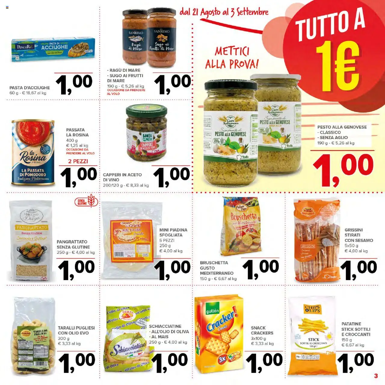 Volantino Todis del 21.08.2025 | Pagina: 3 | Prodotti: Pomodoro, Pasta, Taralli, Forno