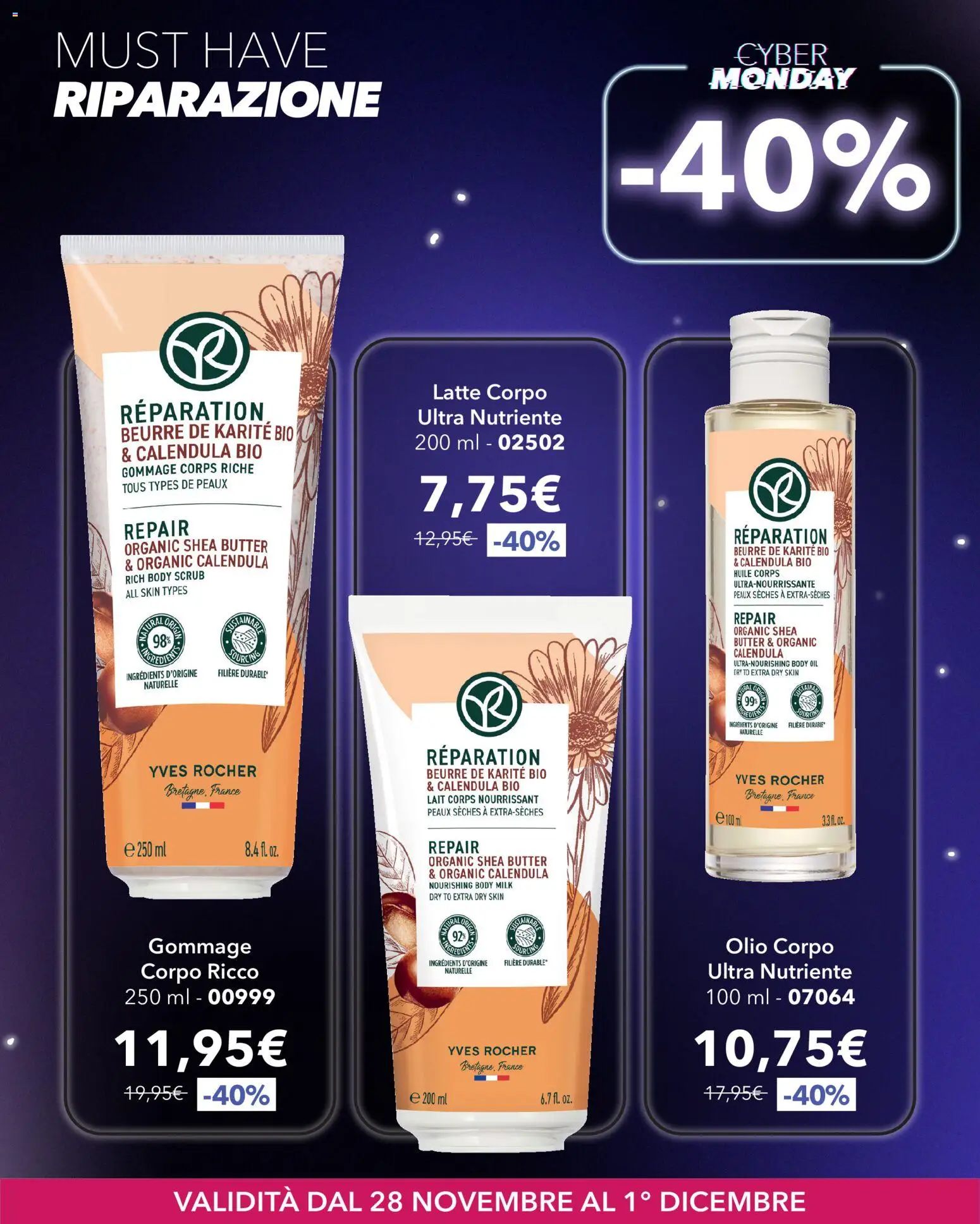 Volantino Yves Rocher del 28.11.2025 | Pagina: 5 | Prodotti: Scrub, Olio corpo, Latte, Olio