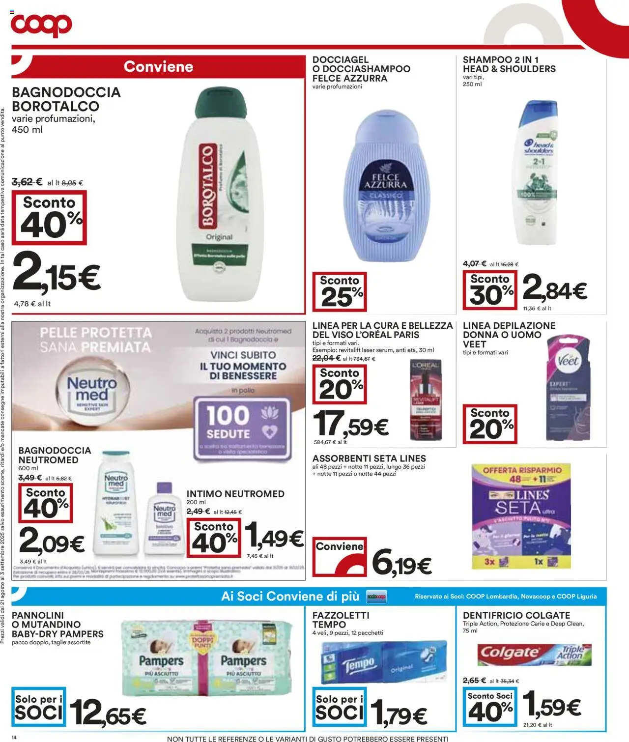 Volantino COOP del 21.08.2025 | Pagina: 14 | Prodotti: Dentifricio, Fazzoletti, Intimo, Data